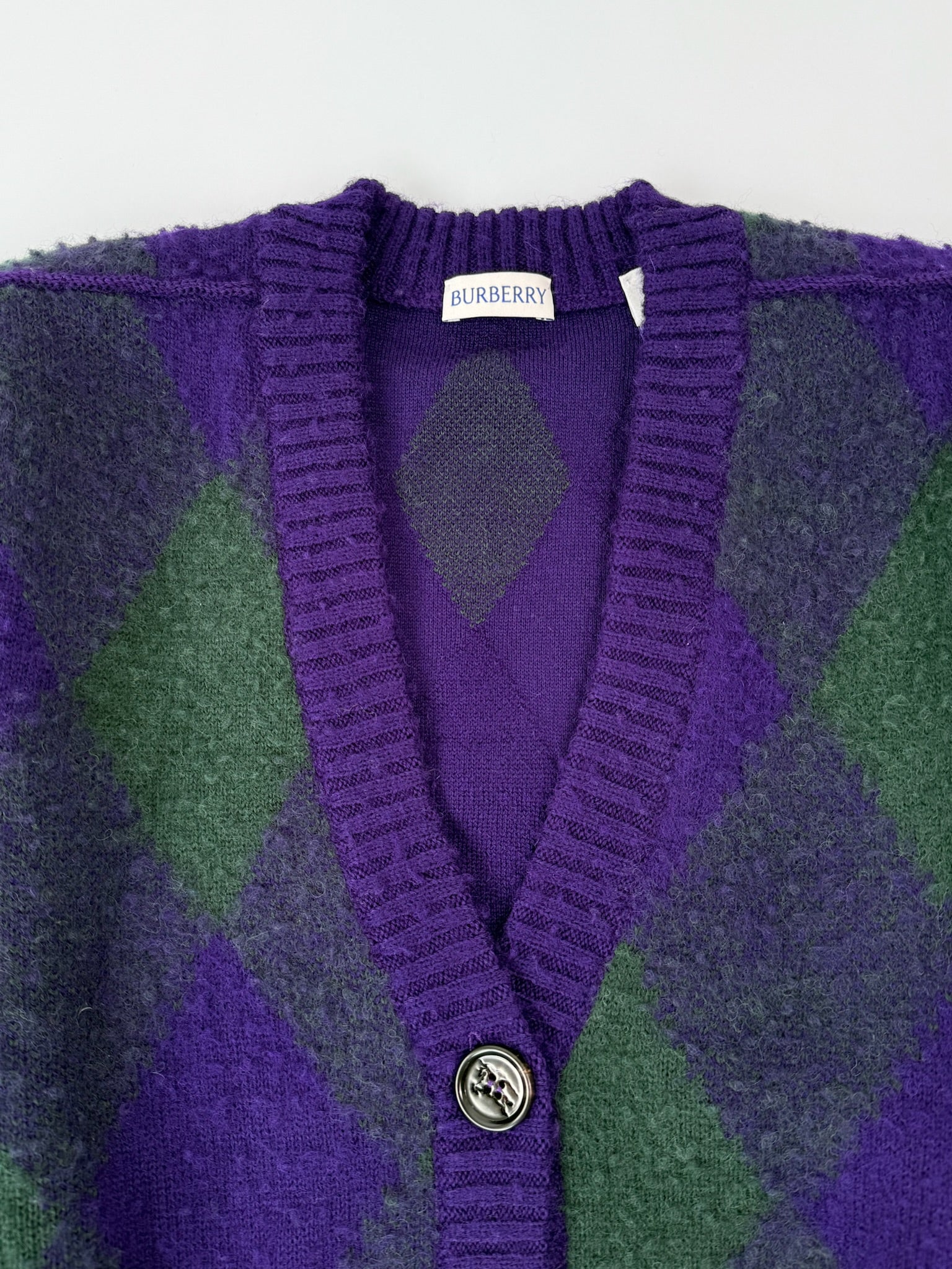 Cardigan A Rombi In Lana Verde, Viola E Grigio