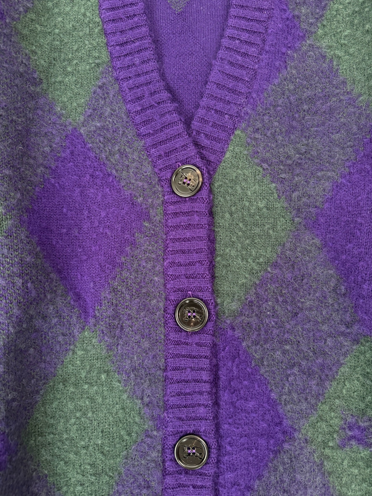 Cardigan A Rombi In Lana Verde, Viola E Grigio
