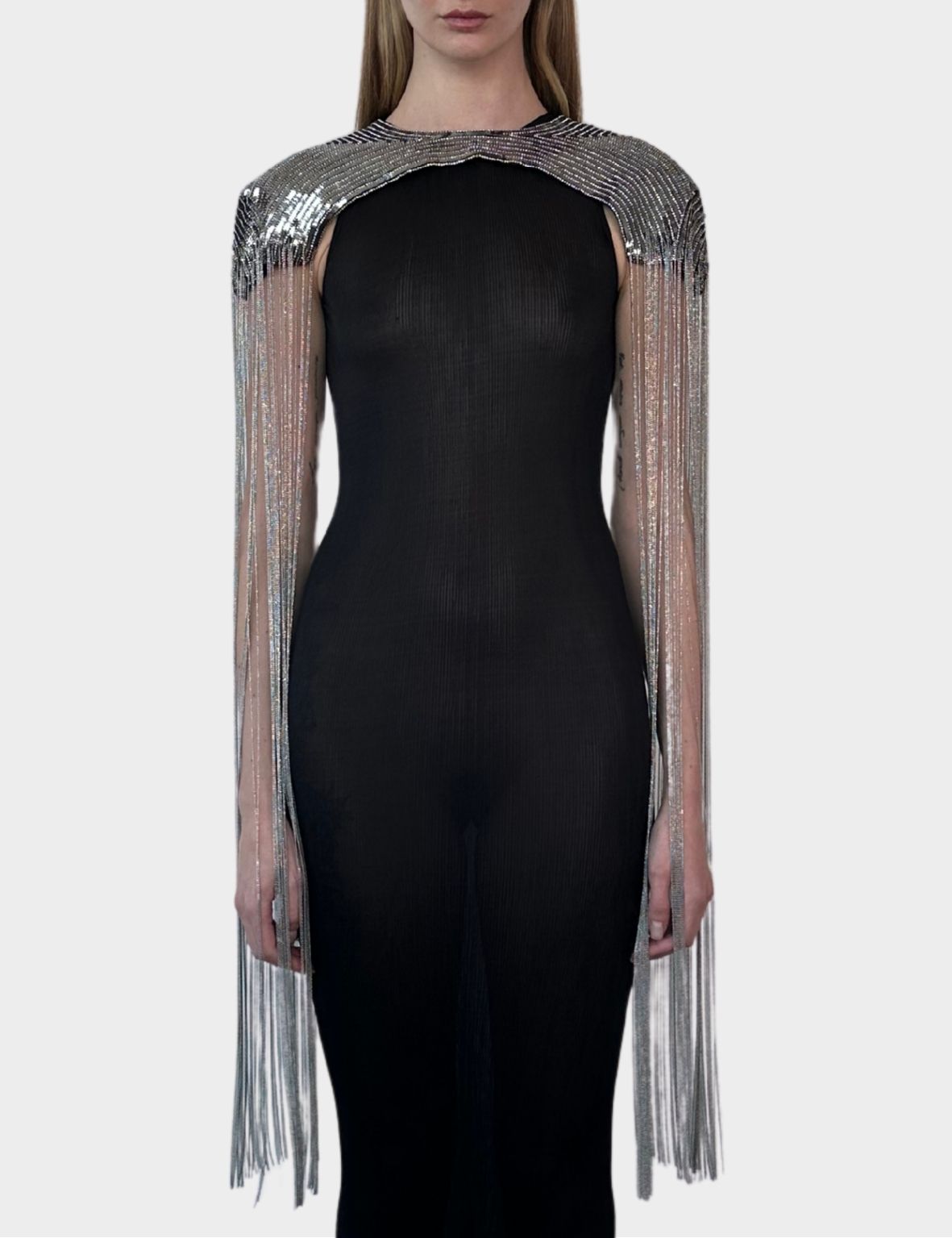 Coprispalle Gioiello In Paillettes Argento Con Frange Metalliche