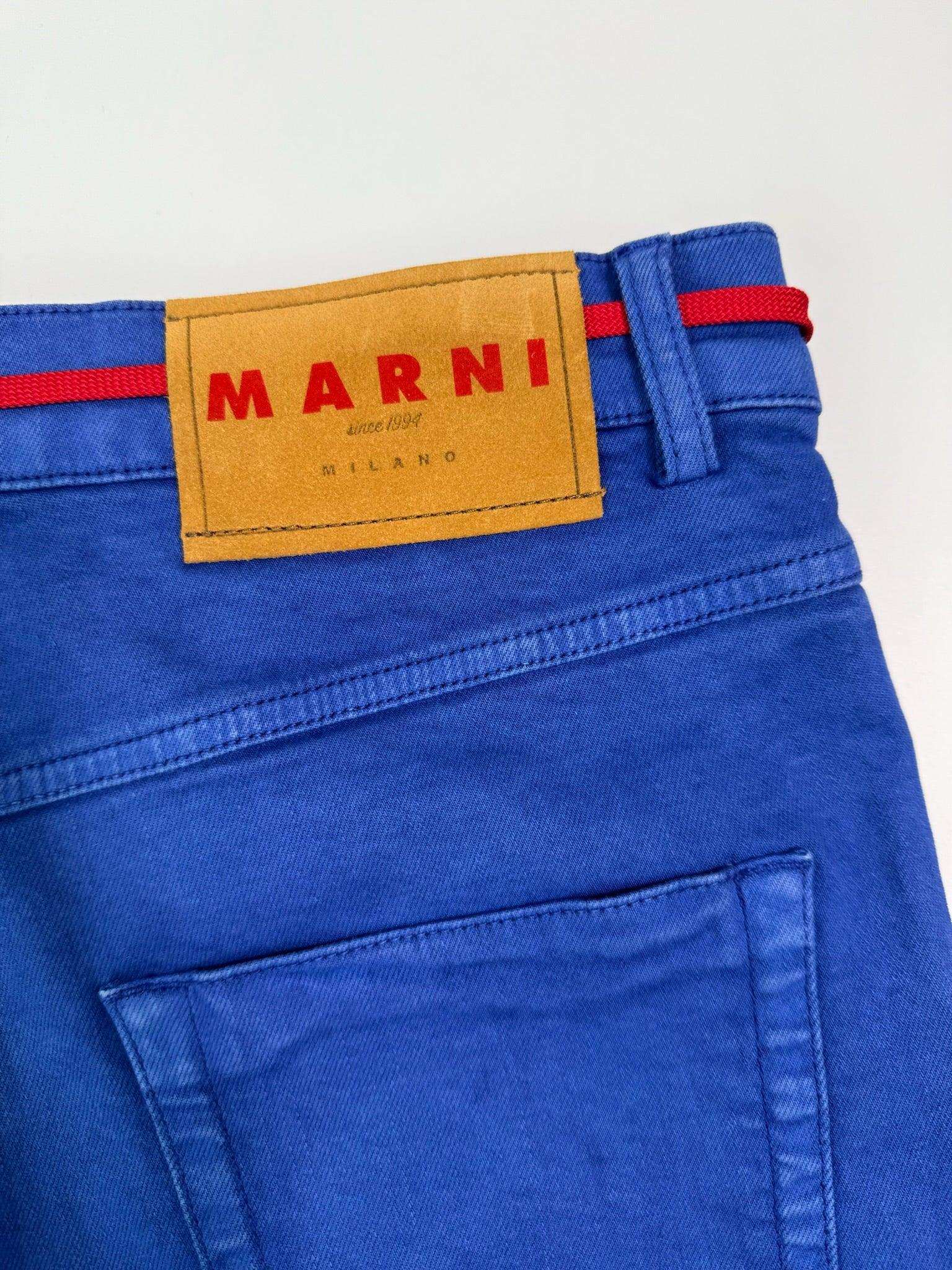 Blue Wide Leg Denim Pants With Integrated Red Belt