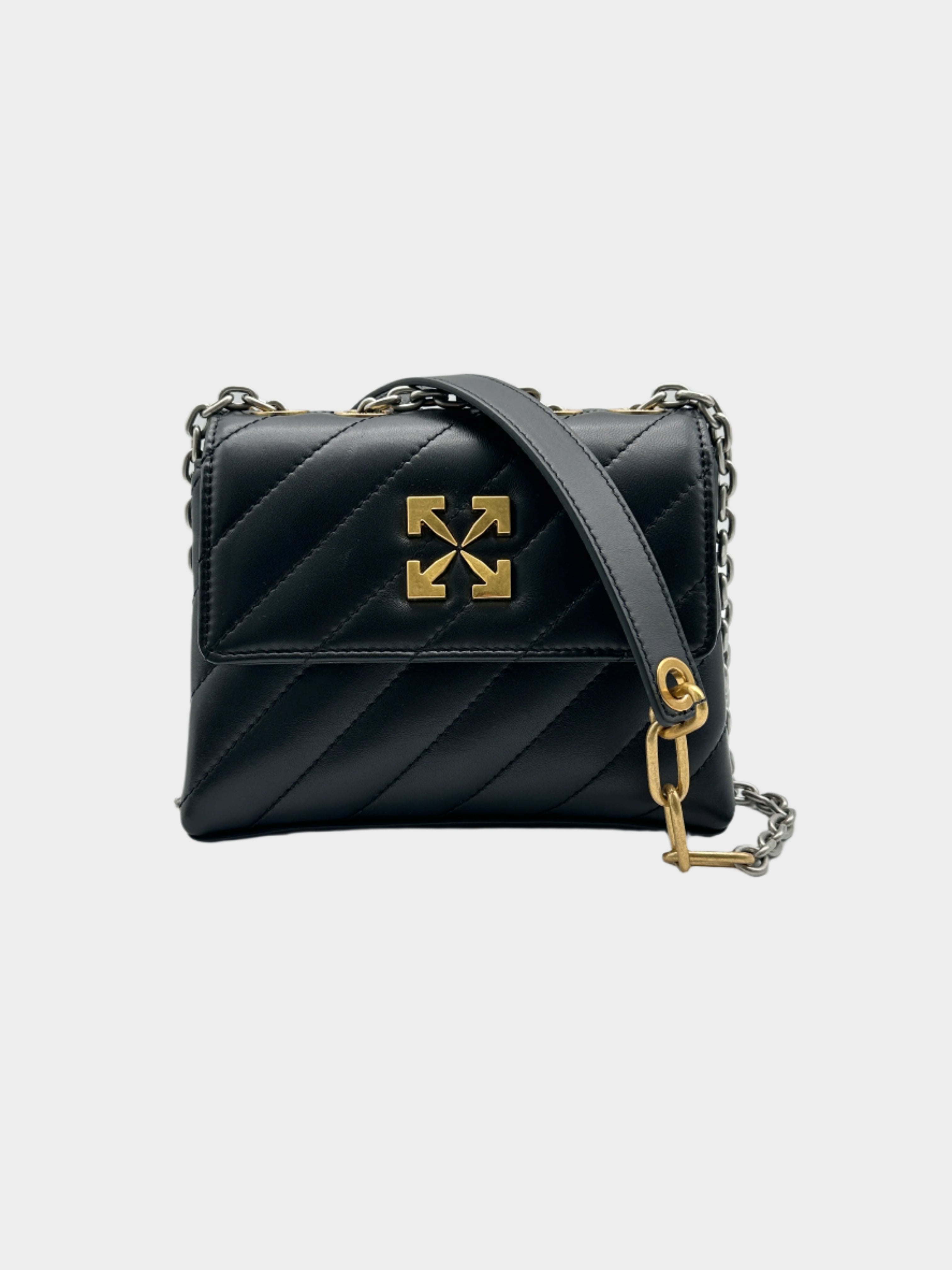Borsa a tracolla Off-White in pelle nera trapuntata con logo freccia dorato. Tracolla a catena e design elegante per un look sofisticato.