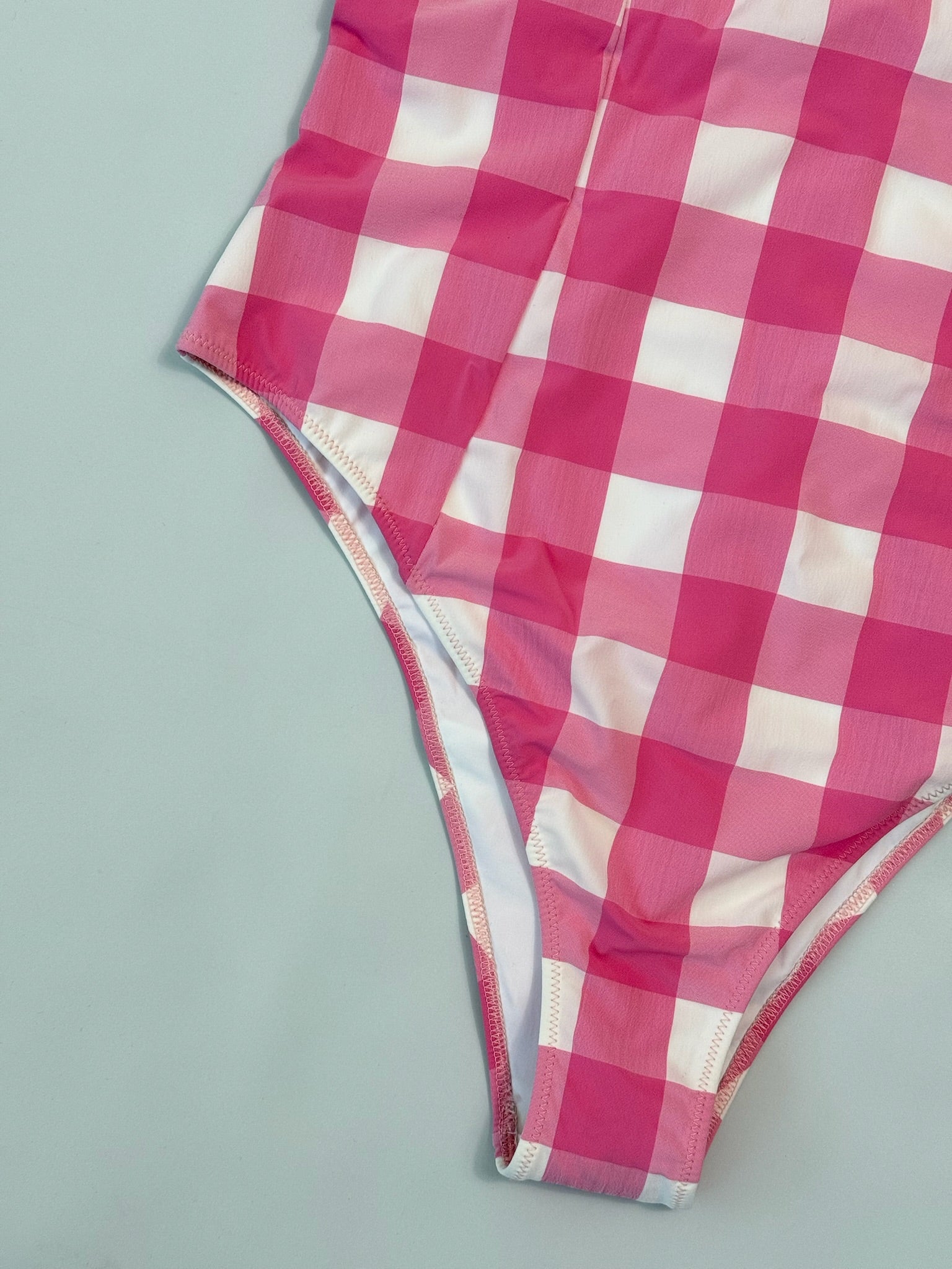 Costume Intero Vichy Rosa Con Bretelle A Rouches