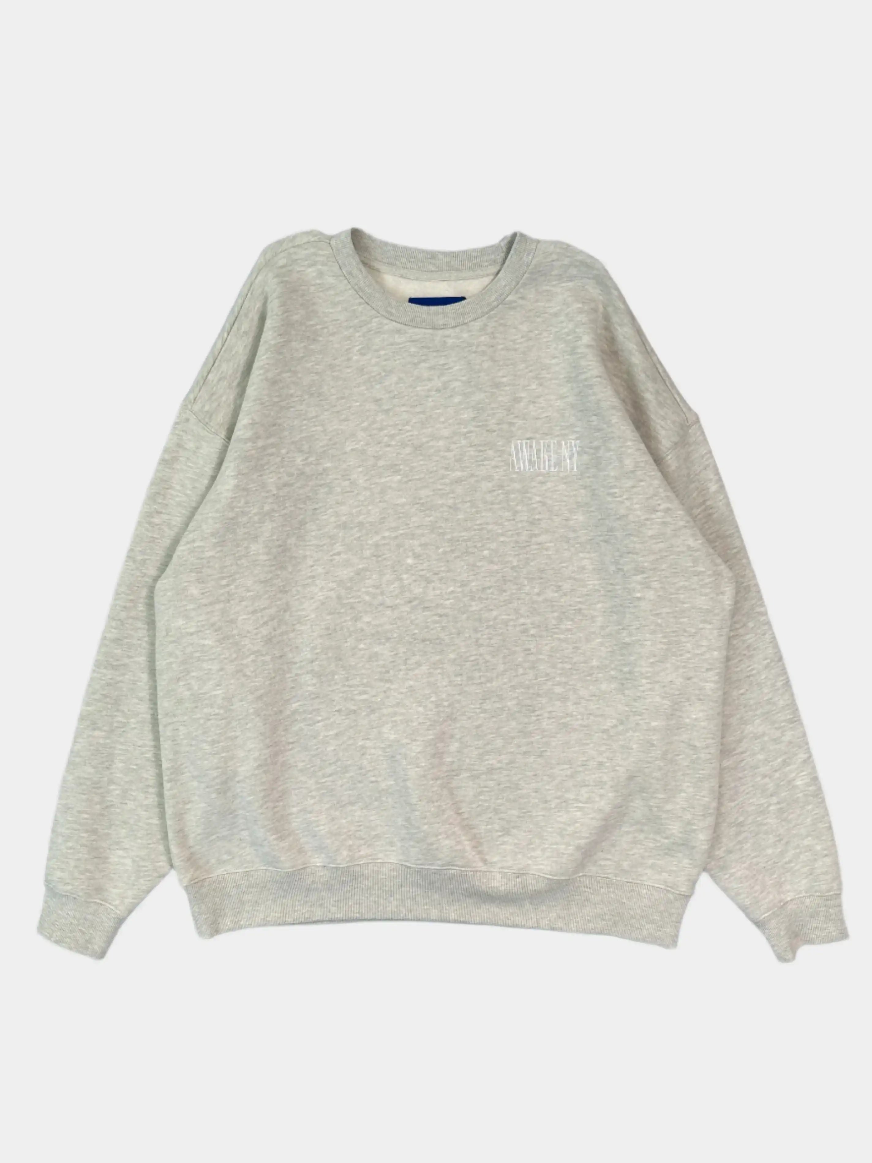 Felpa Awake NY grigia con logo bianco ricamato sul petto. Design oversize, girocollo e polsini a costine per un look casual e confortevole.