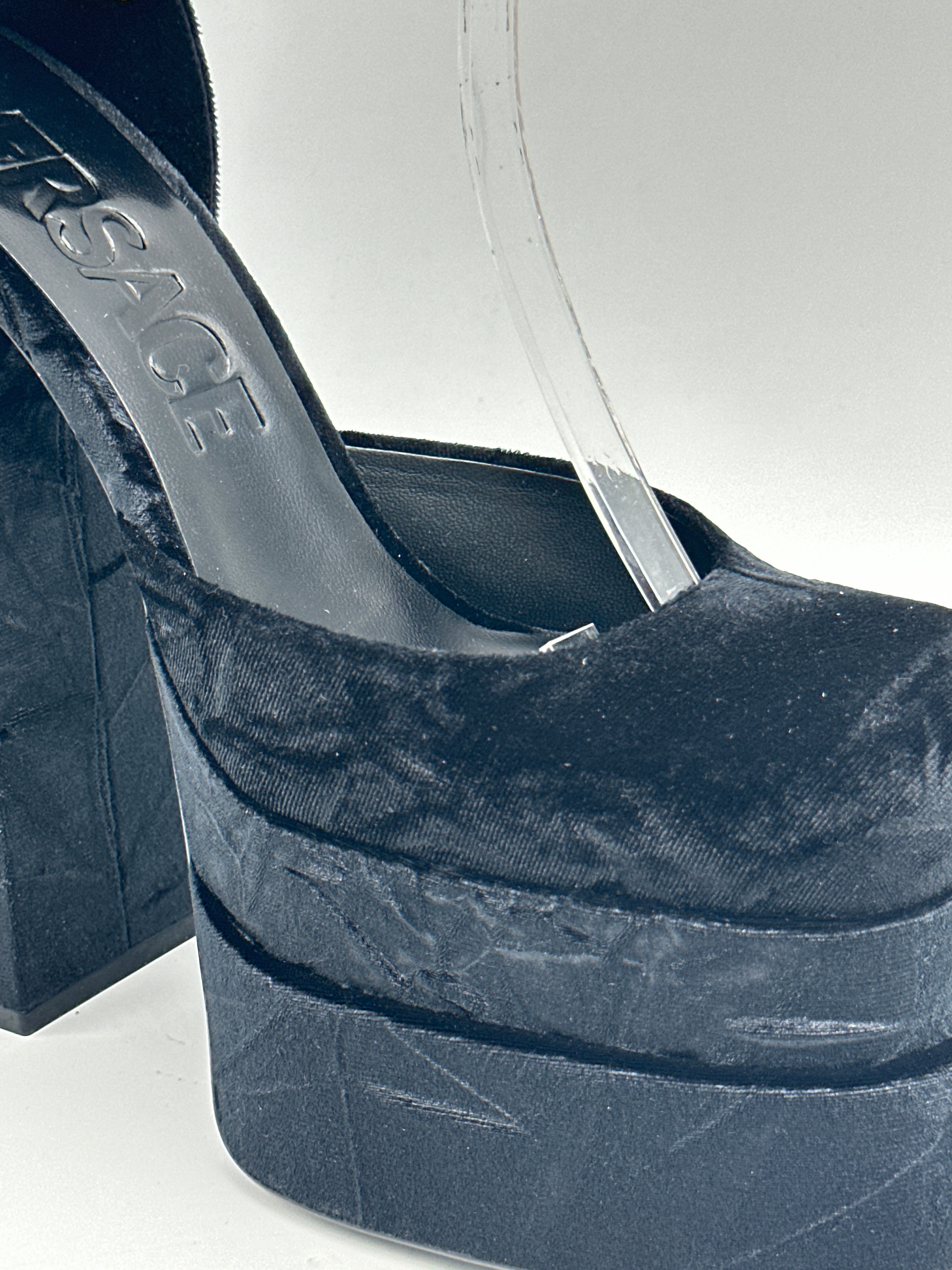 Black Velvet Platform Pumps With Jewel Strap