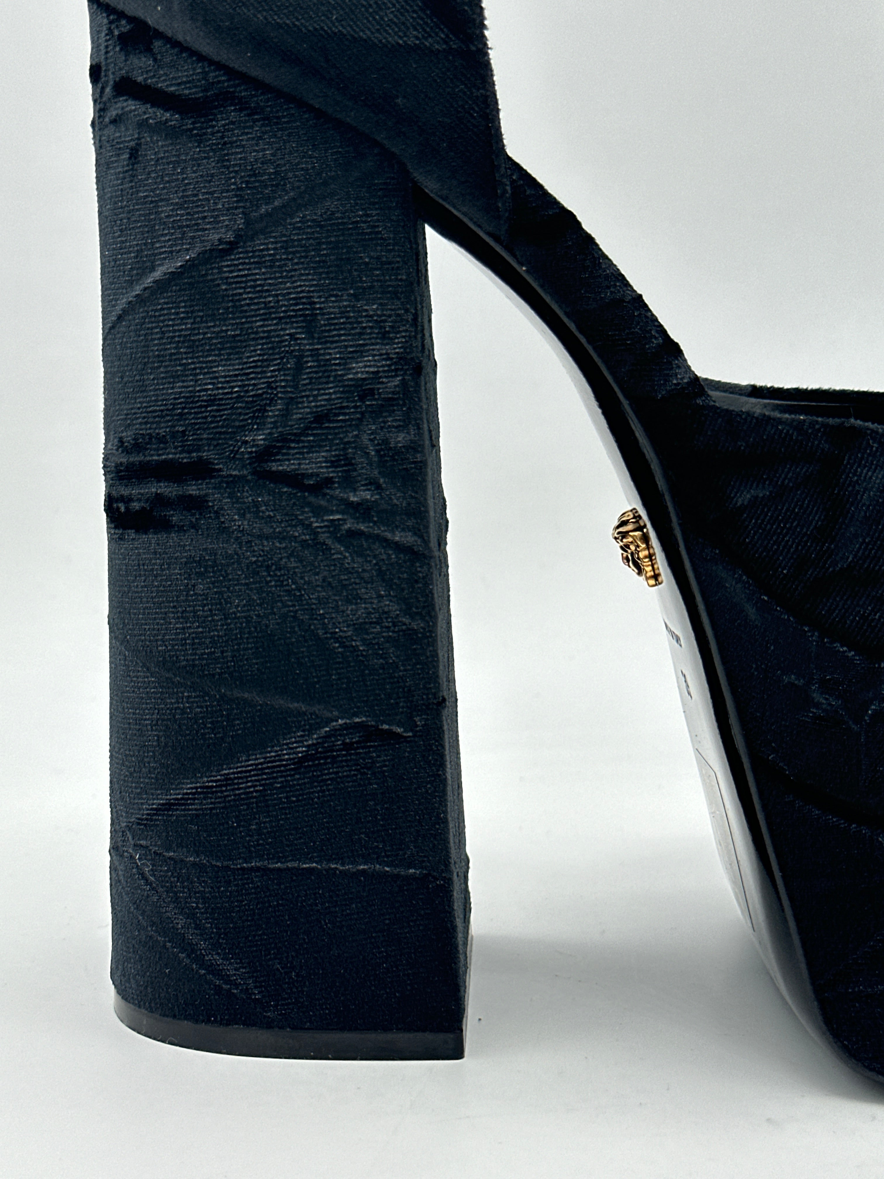 Black Velvet Platform Pumps With Jewel Strap