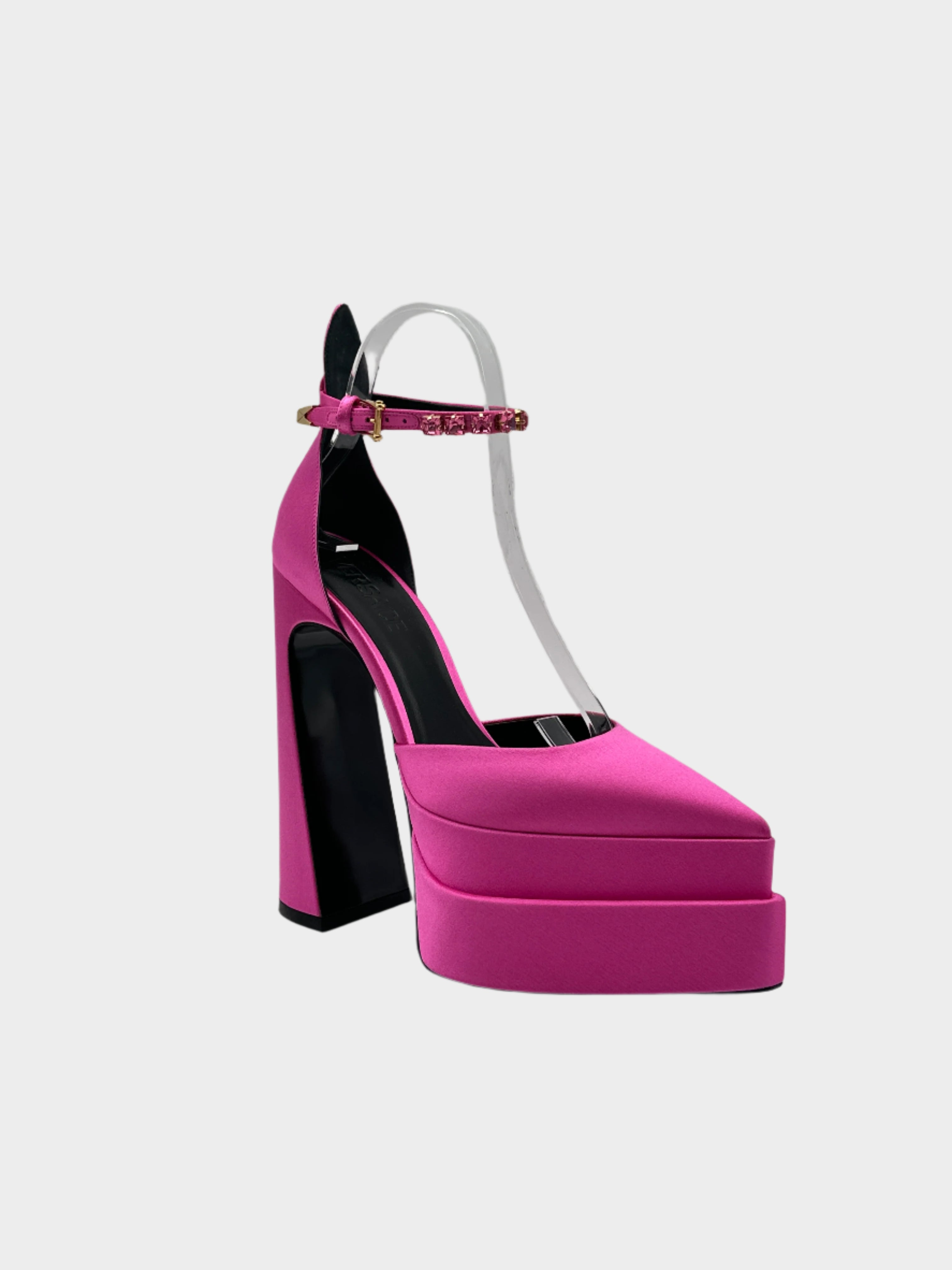 Décolleté In Raso Rosa Con Plateau E Cinturino Gioiello