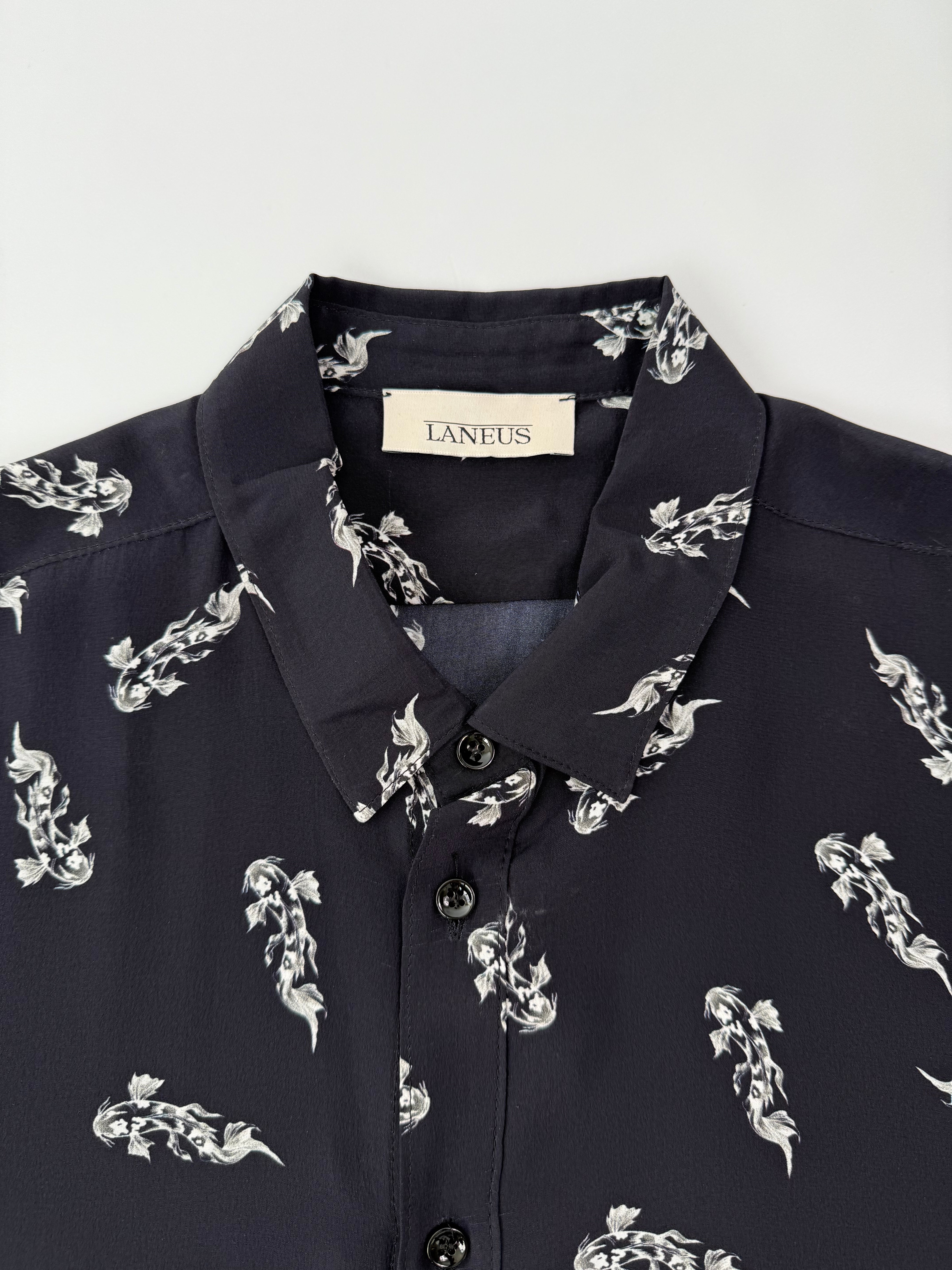 Camicia In Seta Nera Con Stampa Pesci Bianchi