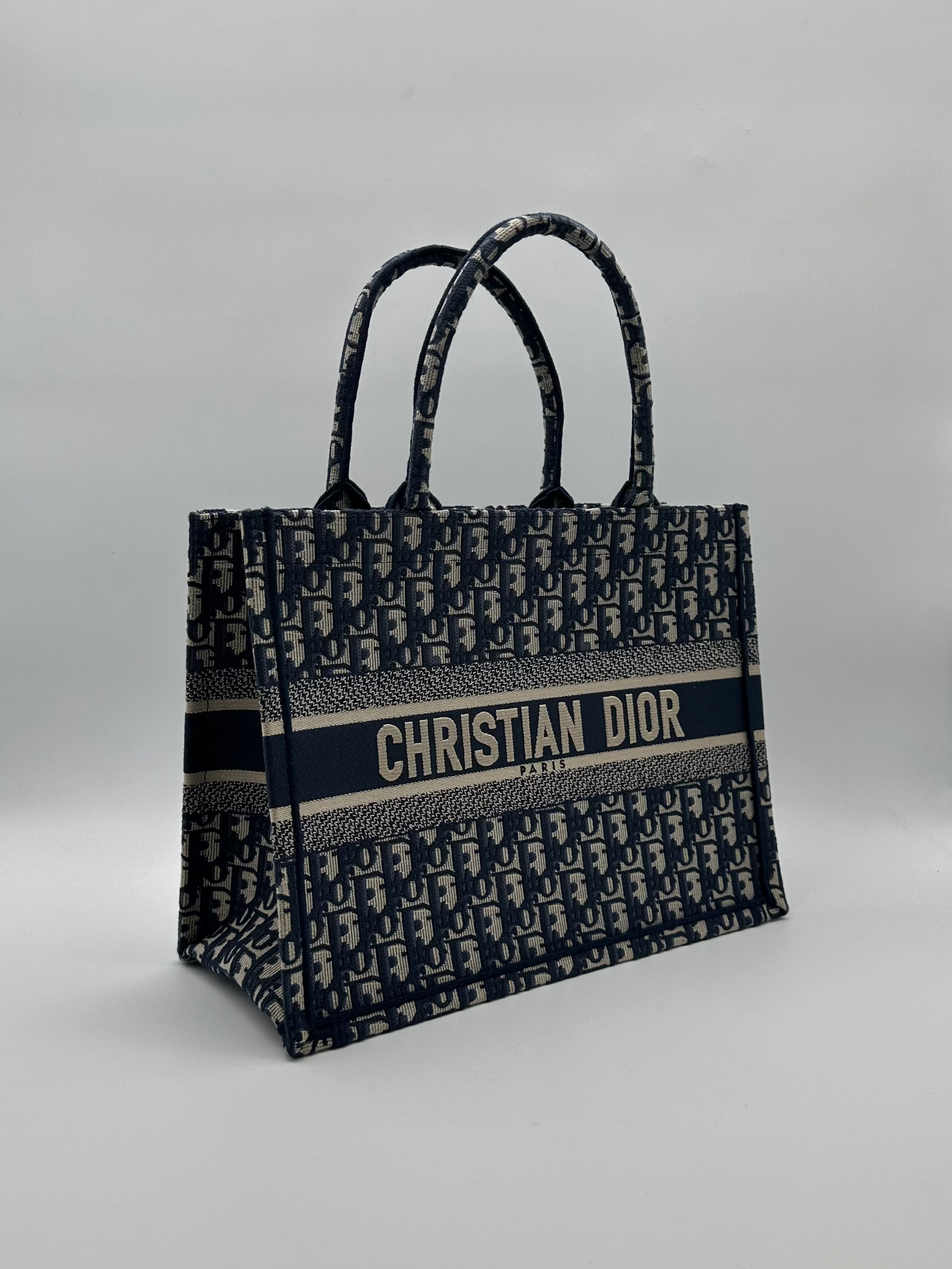Borsa Book Tote Media Ricamo Dior Oblique Écru E Blu