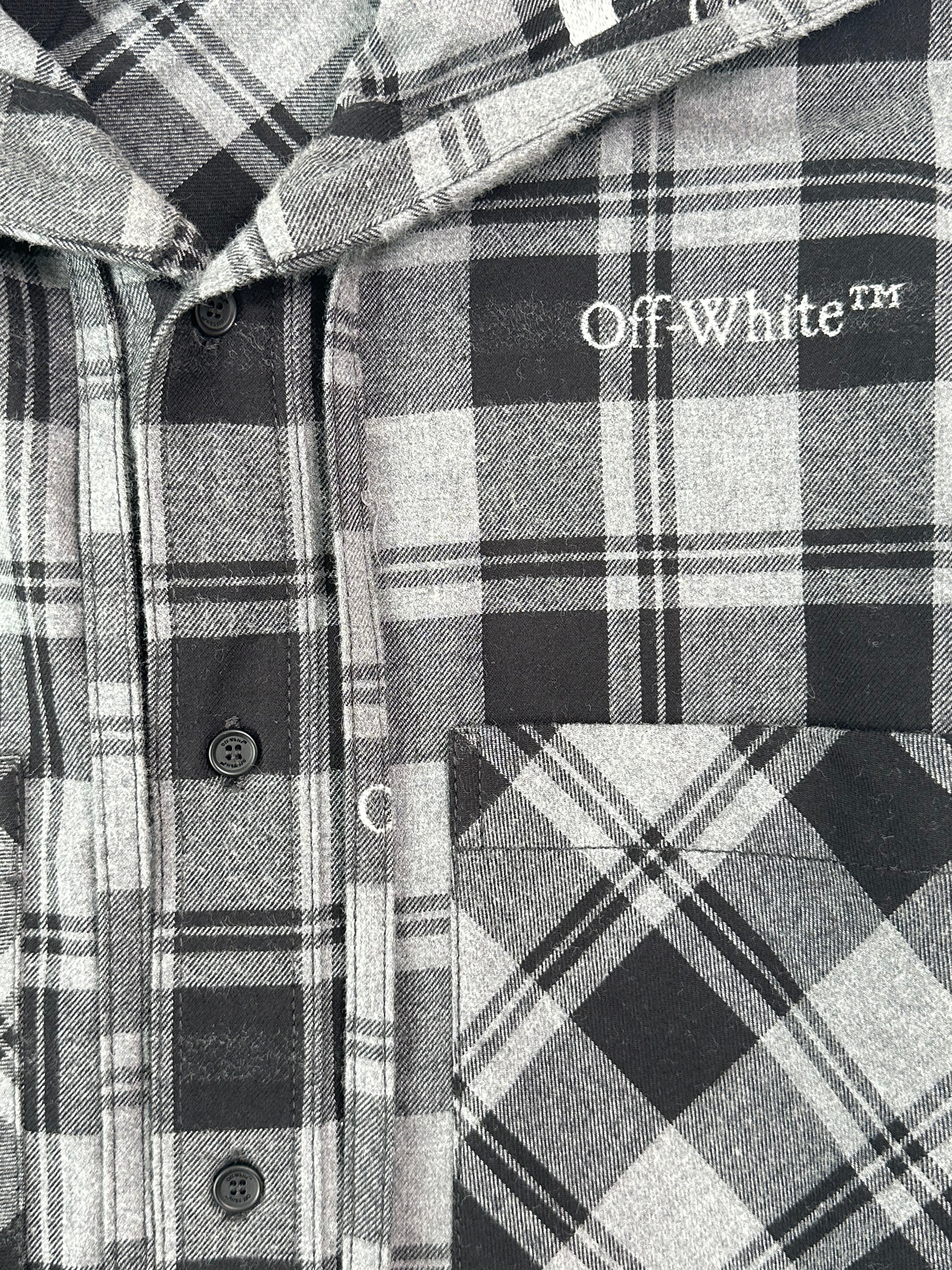 Camicia A Quadri Grigia Con Cappuccio E Logo Stampato