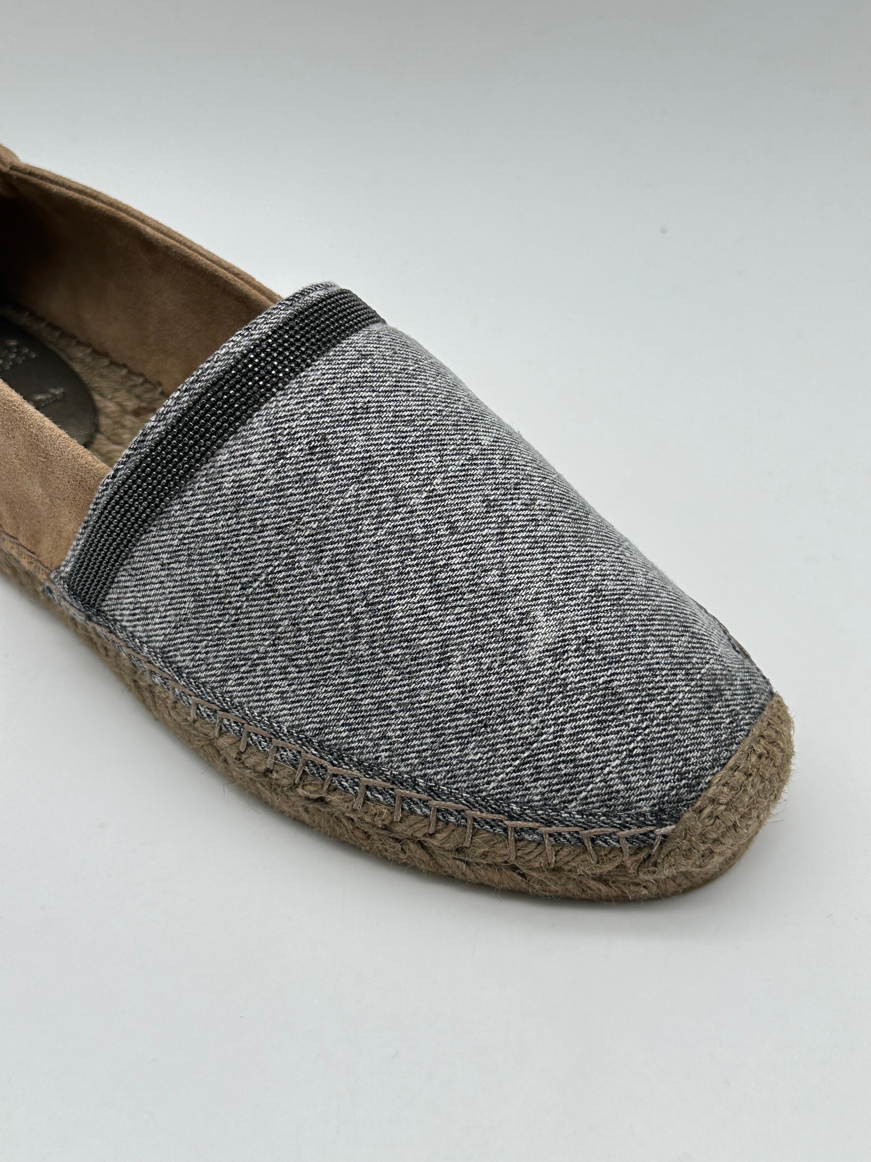 Suede and Fabric Espadrilles with Metallic Beaded Band