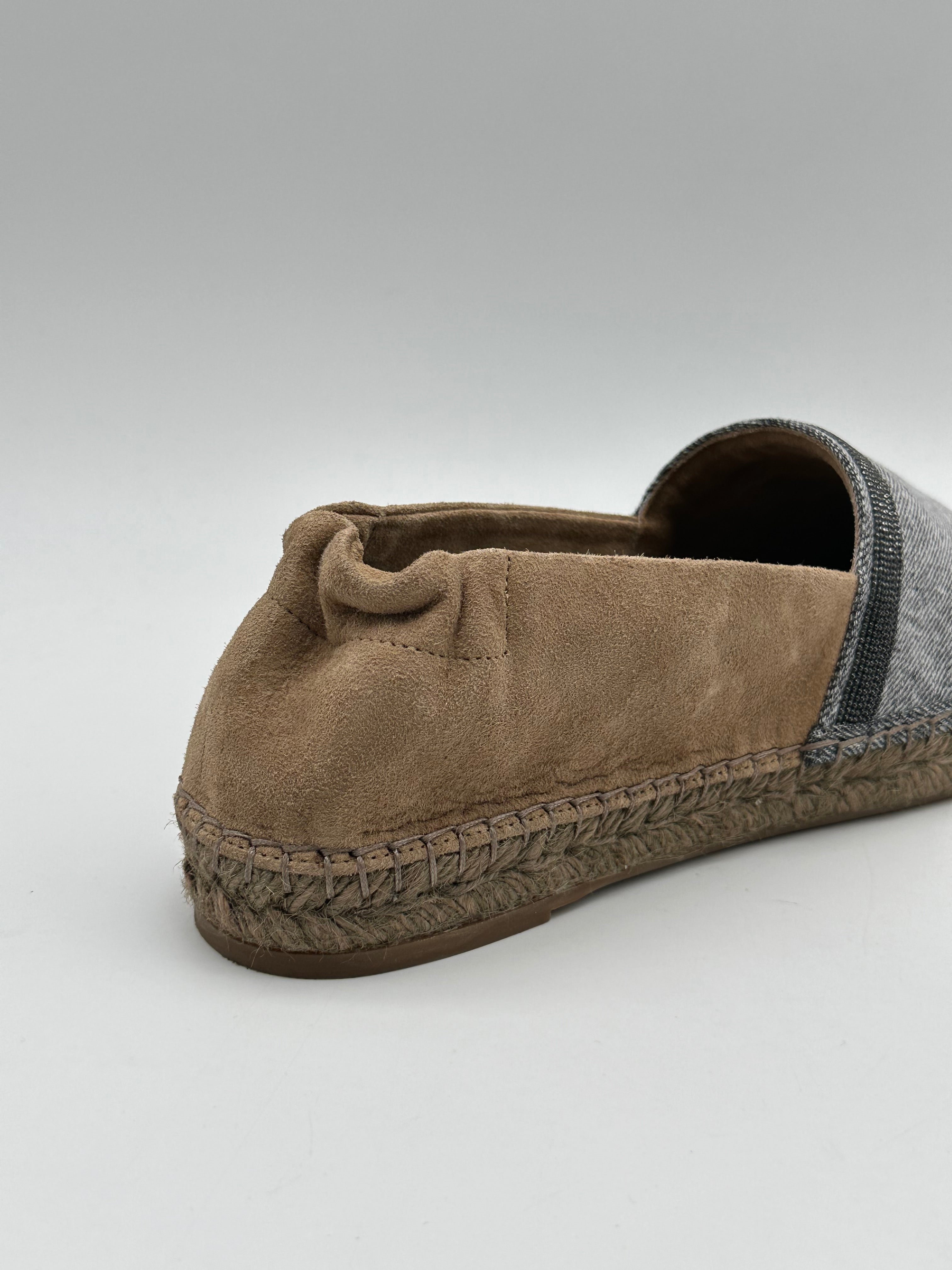 Suede and Fabric Espadrilles with Metallic Beaded Band