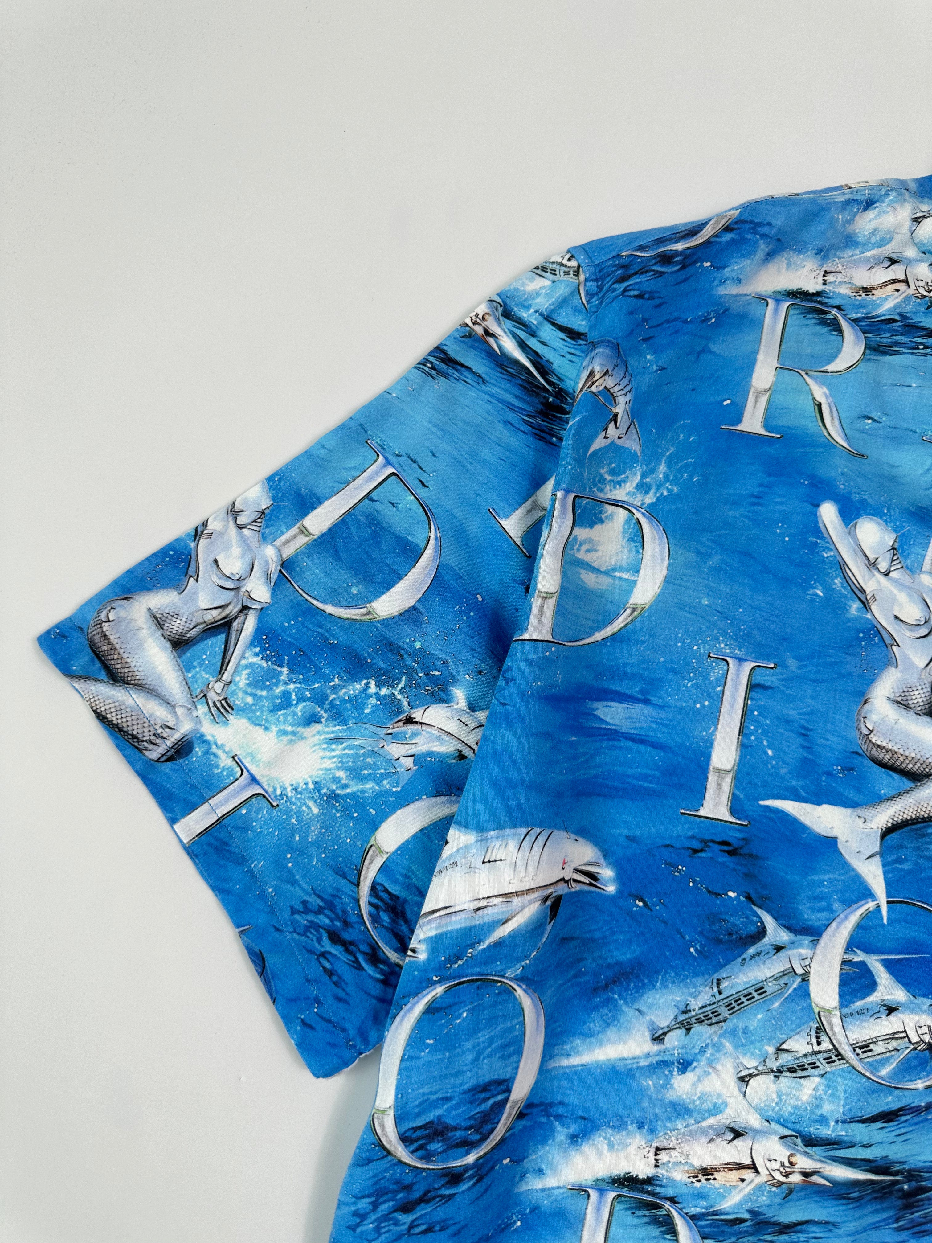 Blue Short Sleeve Shirt With Dolphin Print And All Over Logo