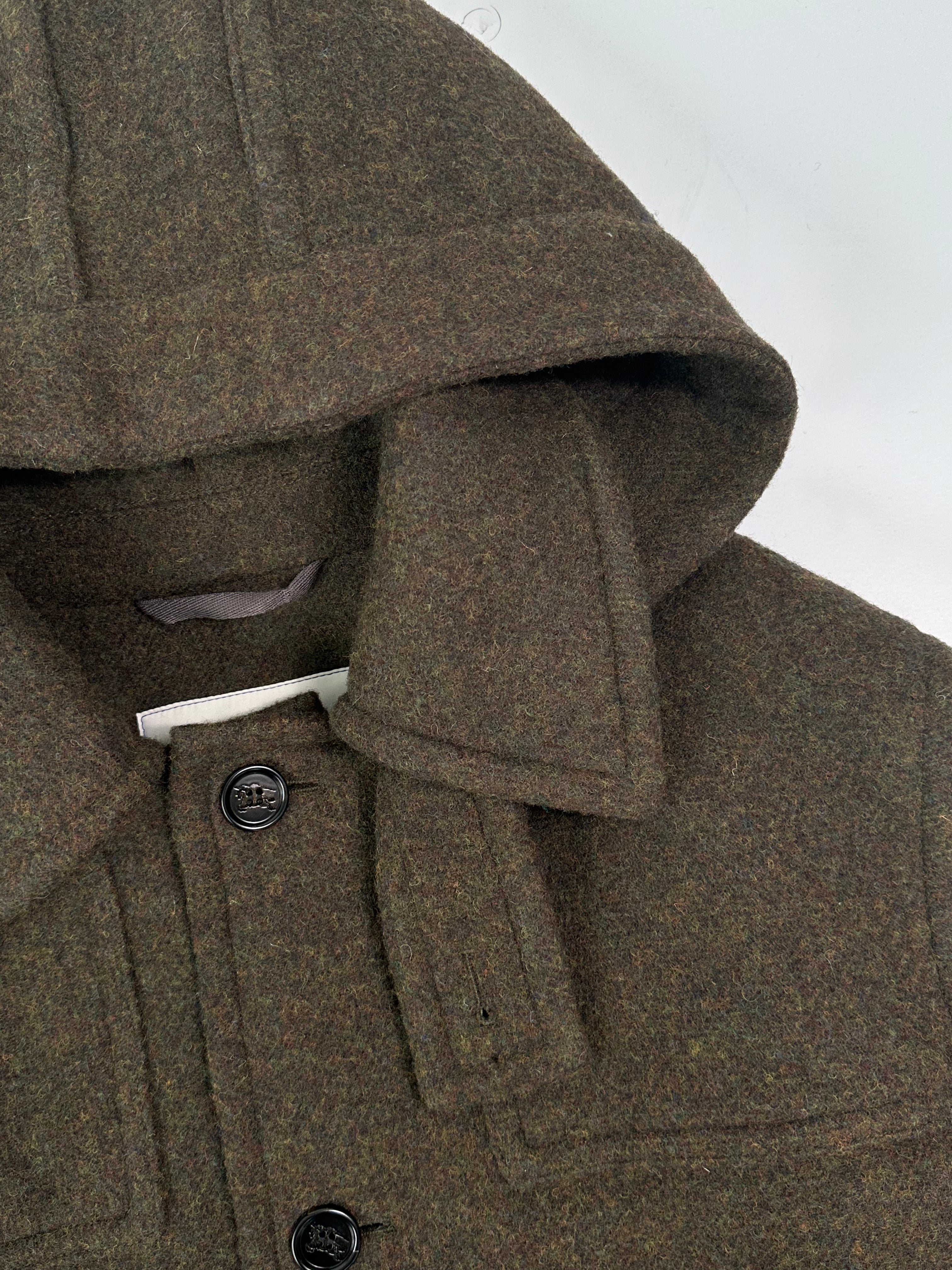 Cappotto In Lana Con Cappuccio E Tasche Frontali Verde Oliva