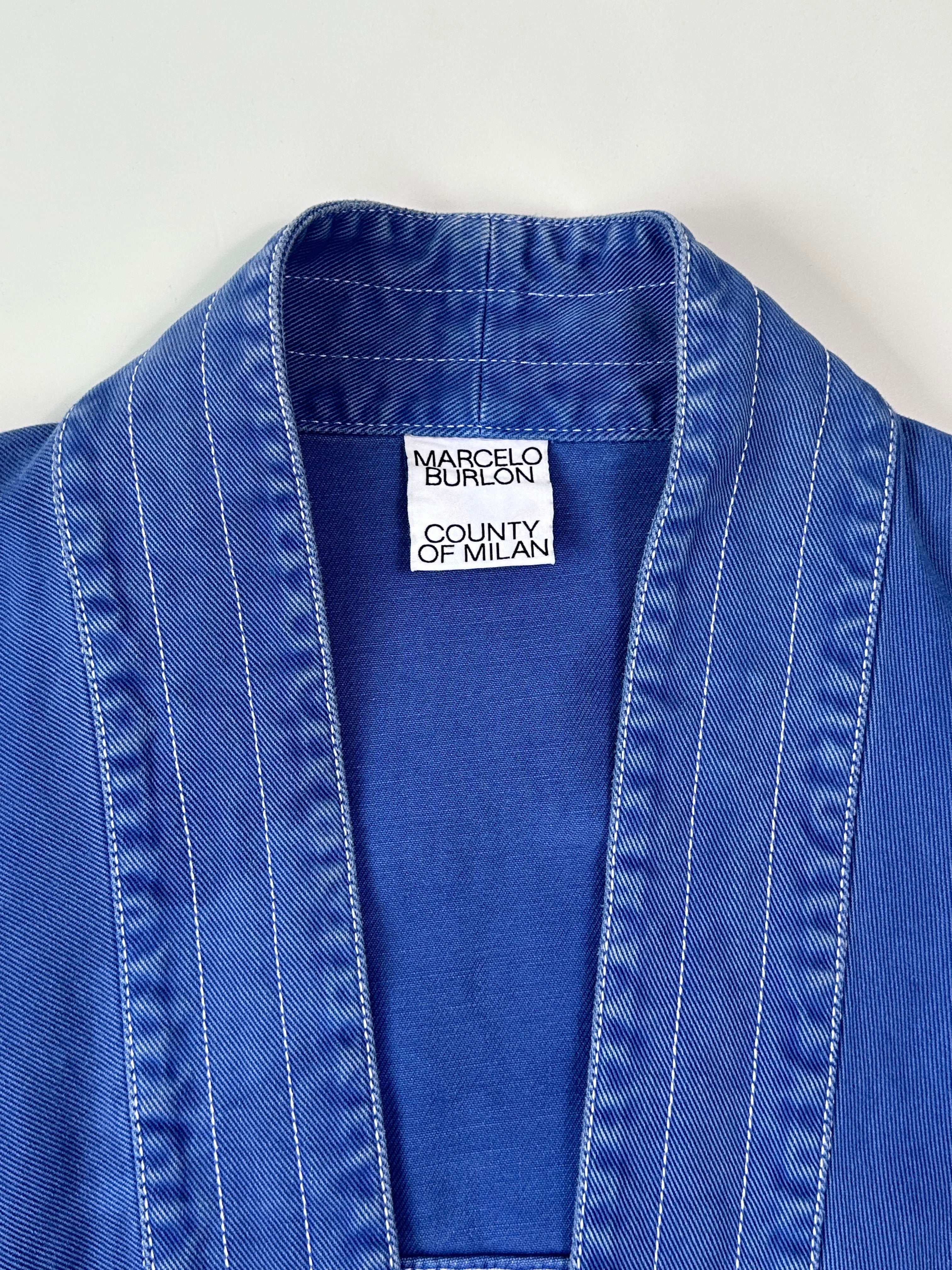 Giacca Kimono In Denim Blu Con Ricamo Bianco