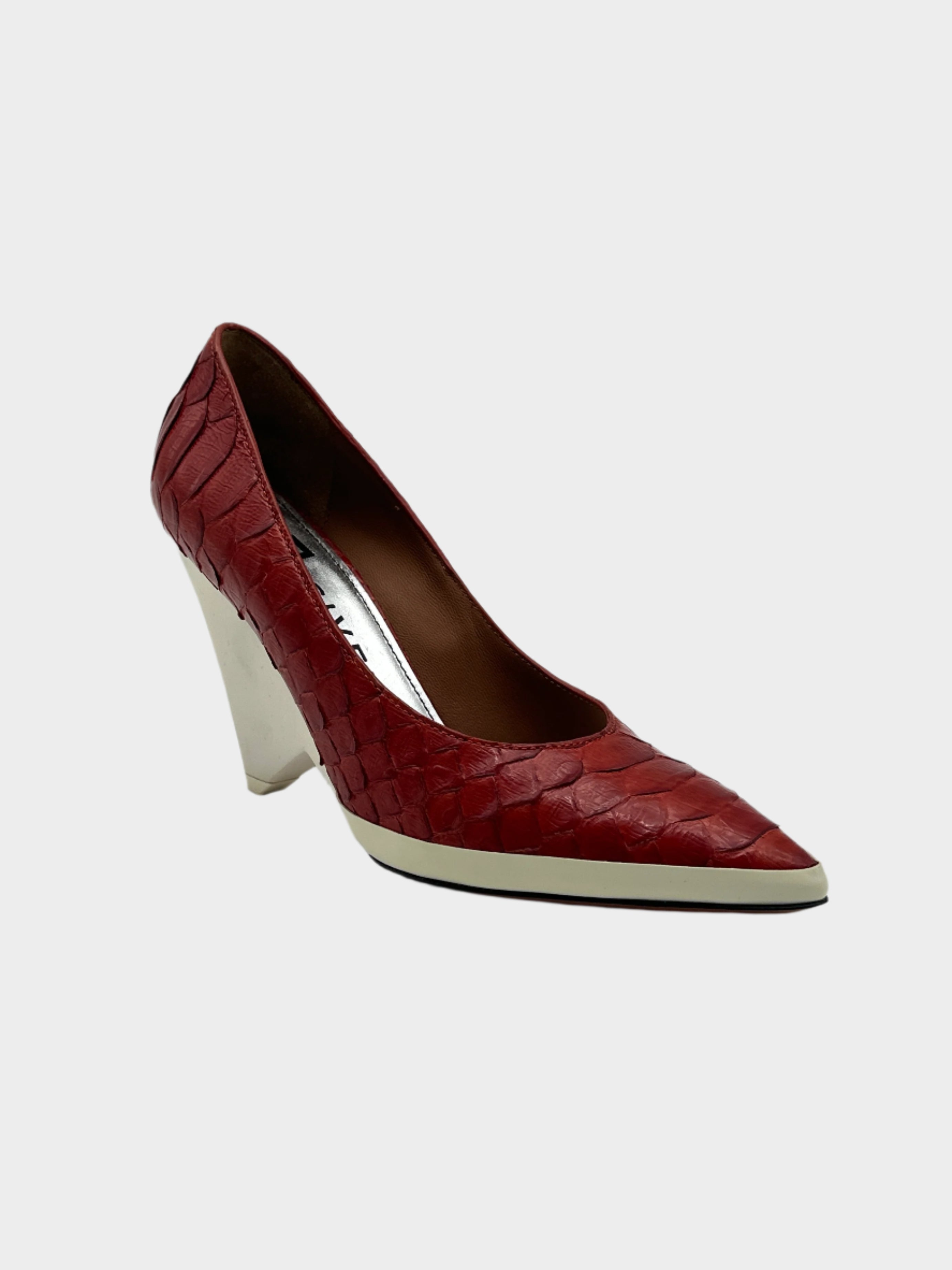 Décolleté Rossa In Pelle Effetto Pitone Con Tacco Geometrico Bianco