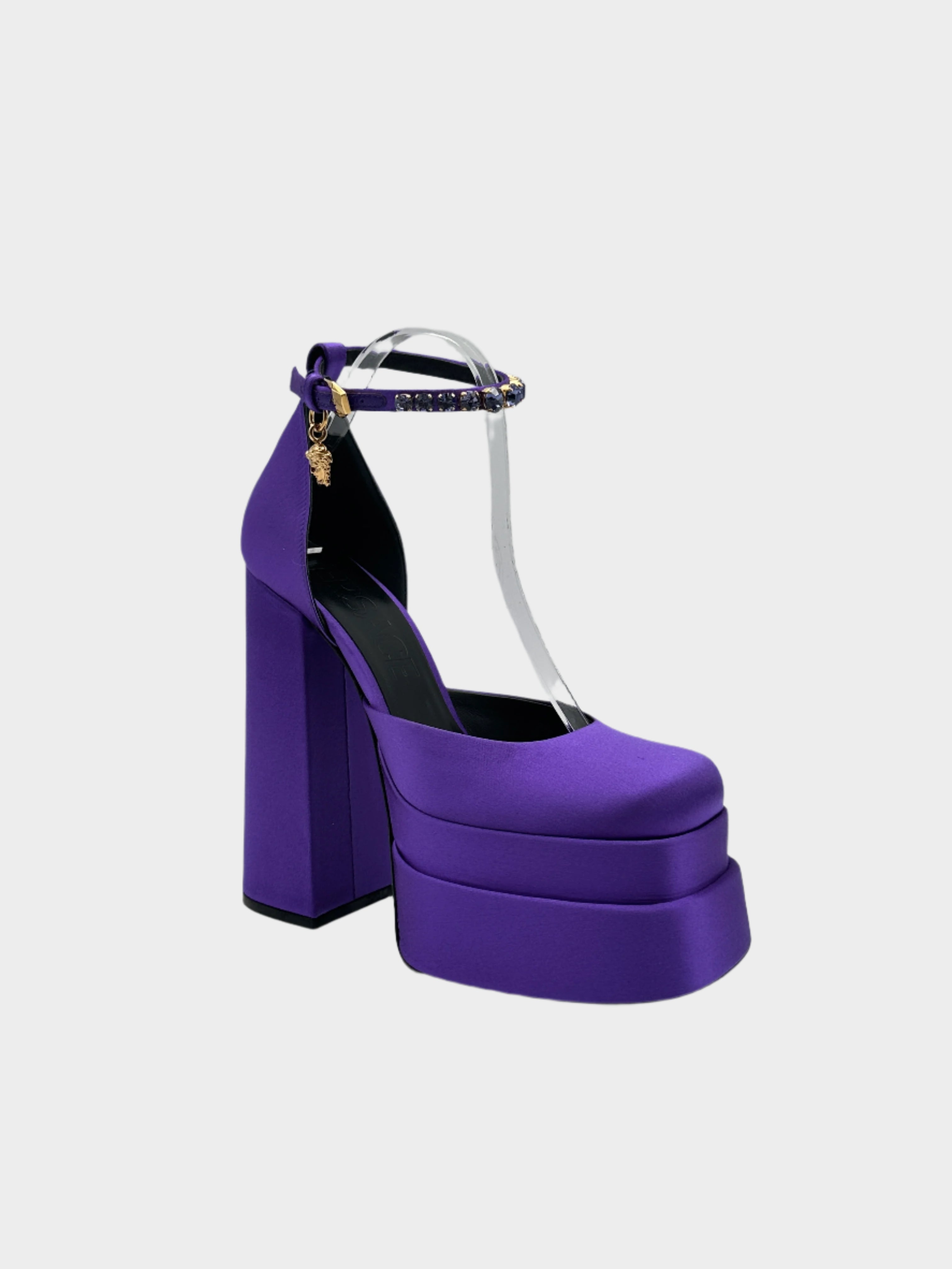 Décolleté In Raso Viola Con Plateau E Cinturino Gioiello