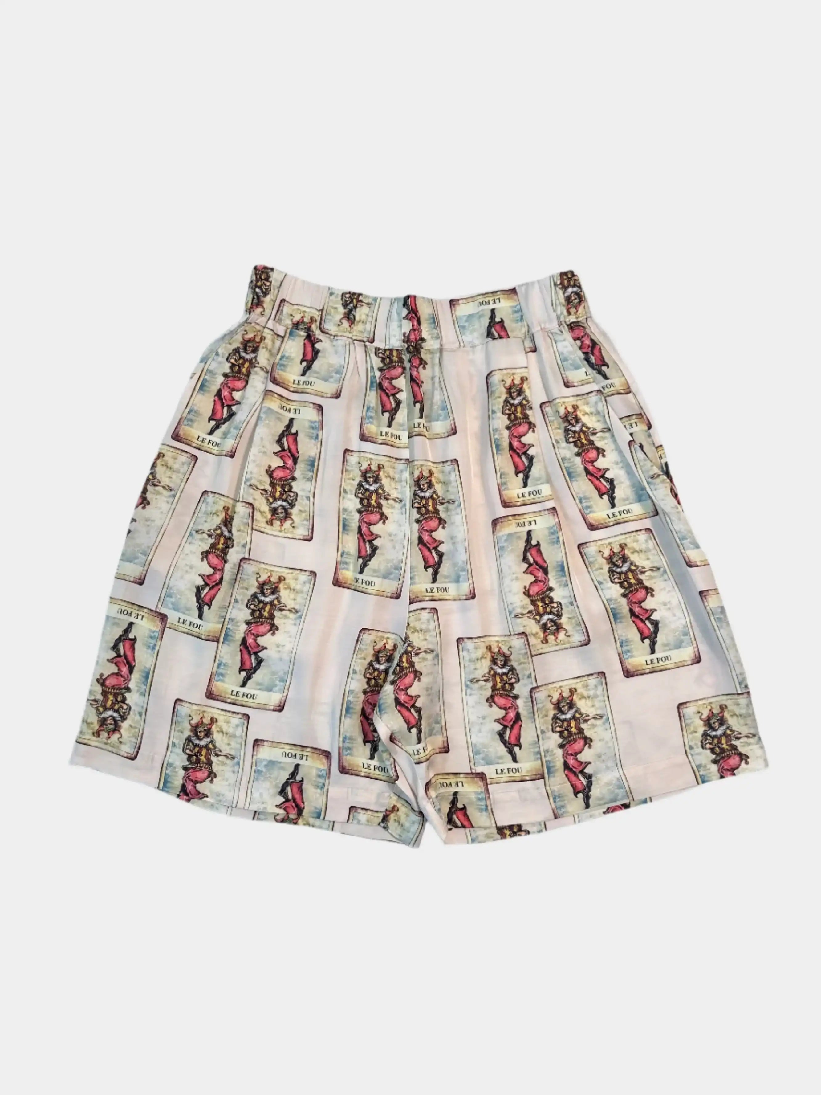 Laneus, pantaloncini uomo, pantaloni corti fantasia, tarocchi, le fou, moda estiva, made in Italy