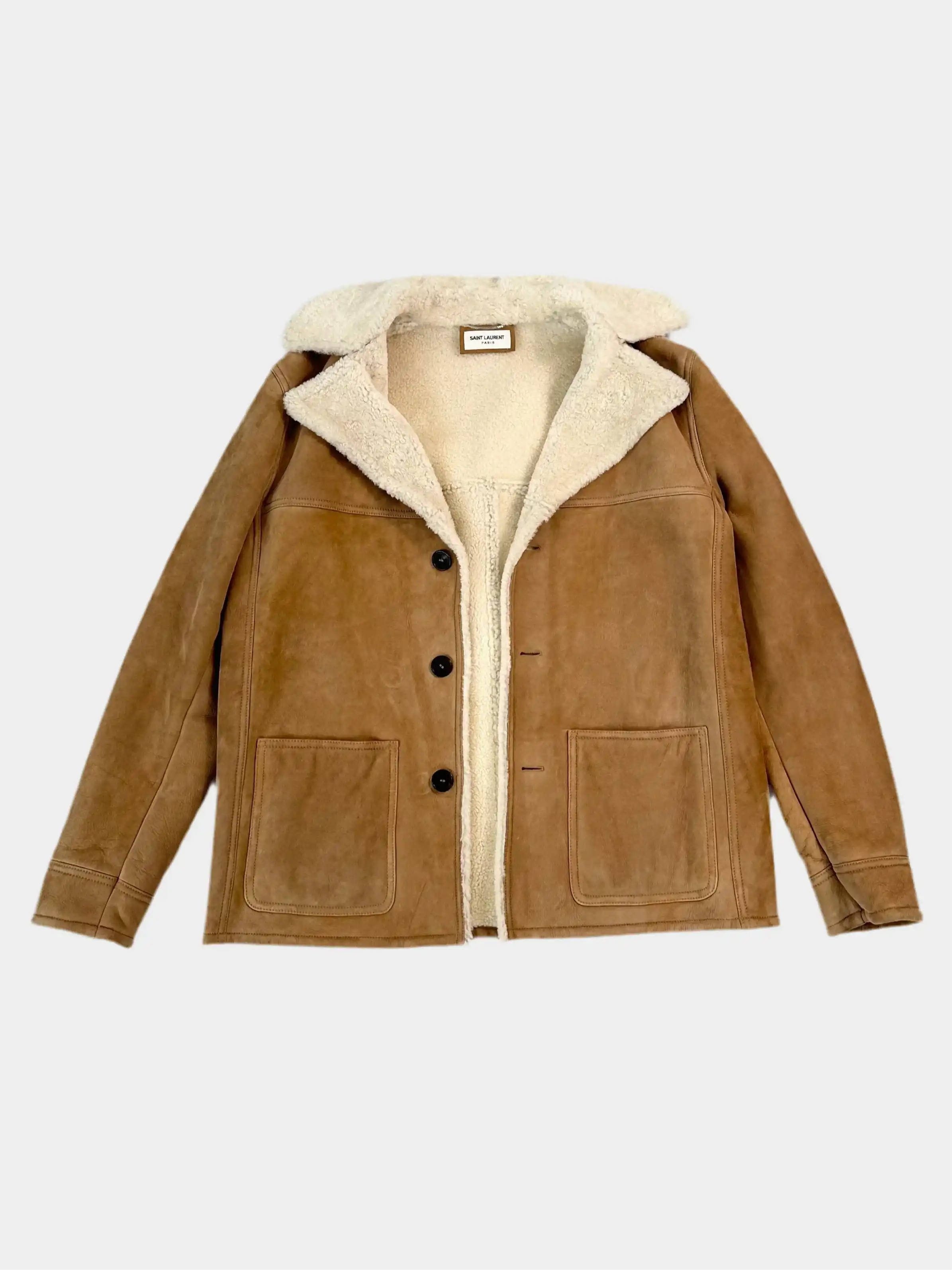 Saint Laurent, giacca montone, pelle scamosciata, giacca uomo marrone, montone cammello, outerwear uomo, stile elegante urbano, Qlhype
