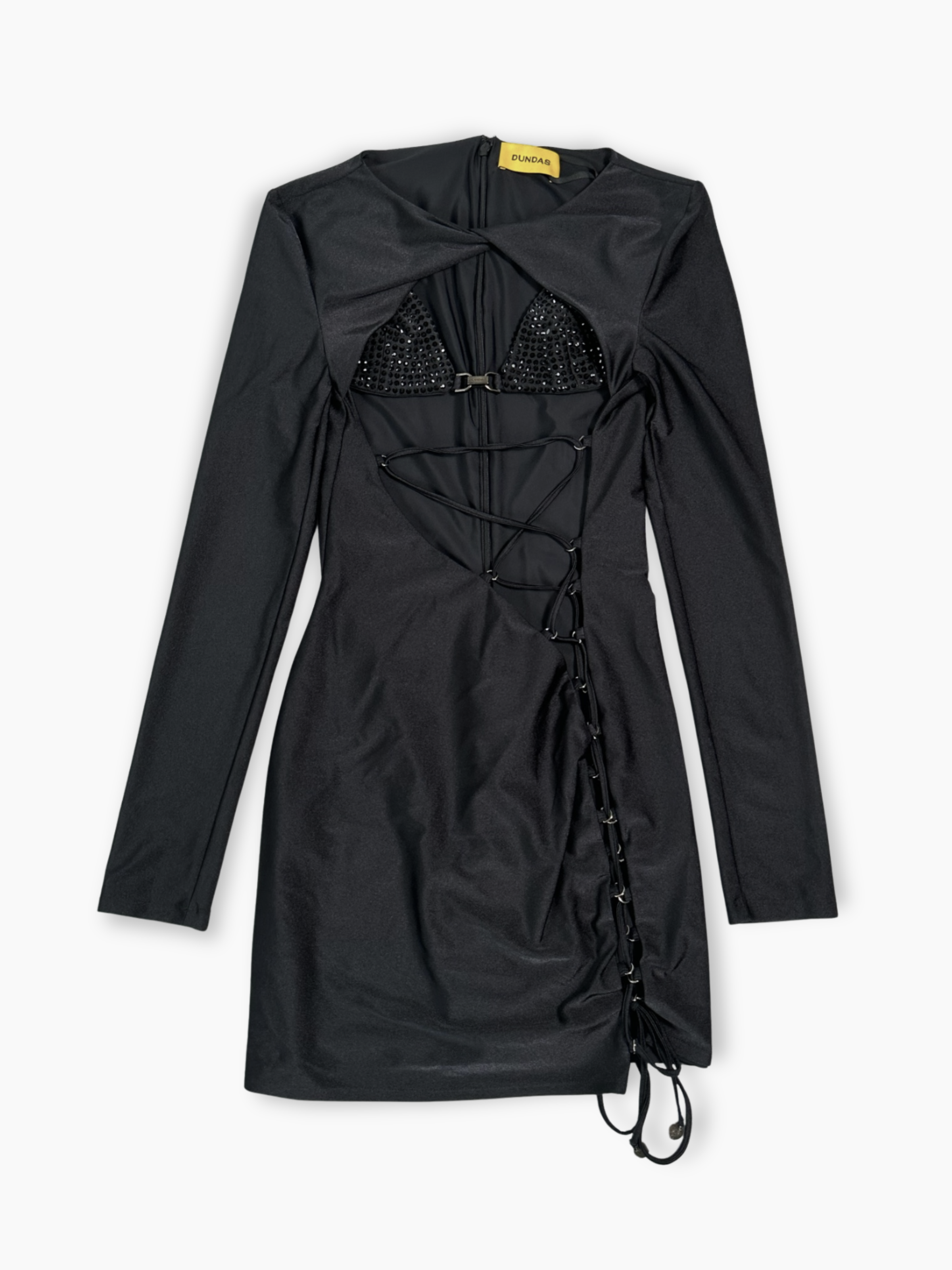 Abito nero Dundas Coco Bijoux cut-out con dettagli strass vista frontale