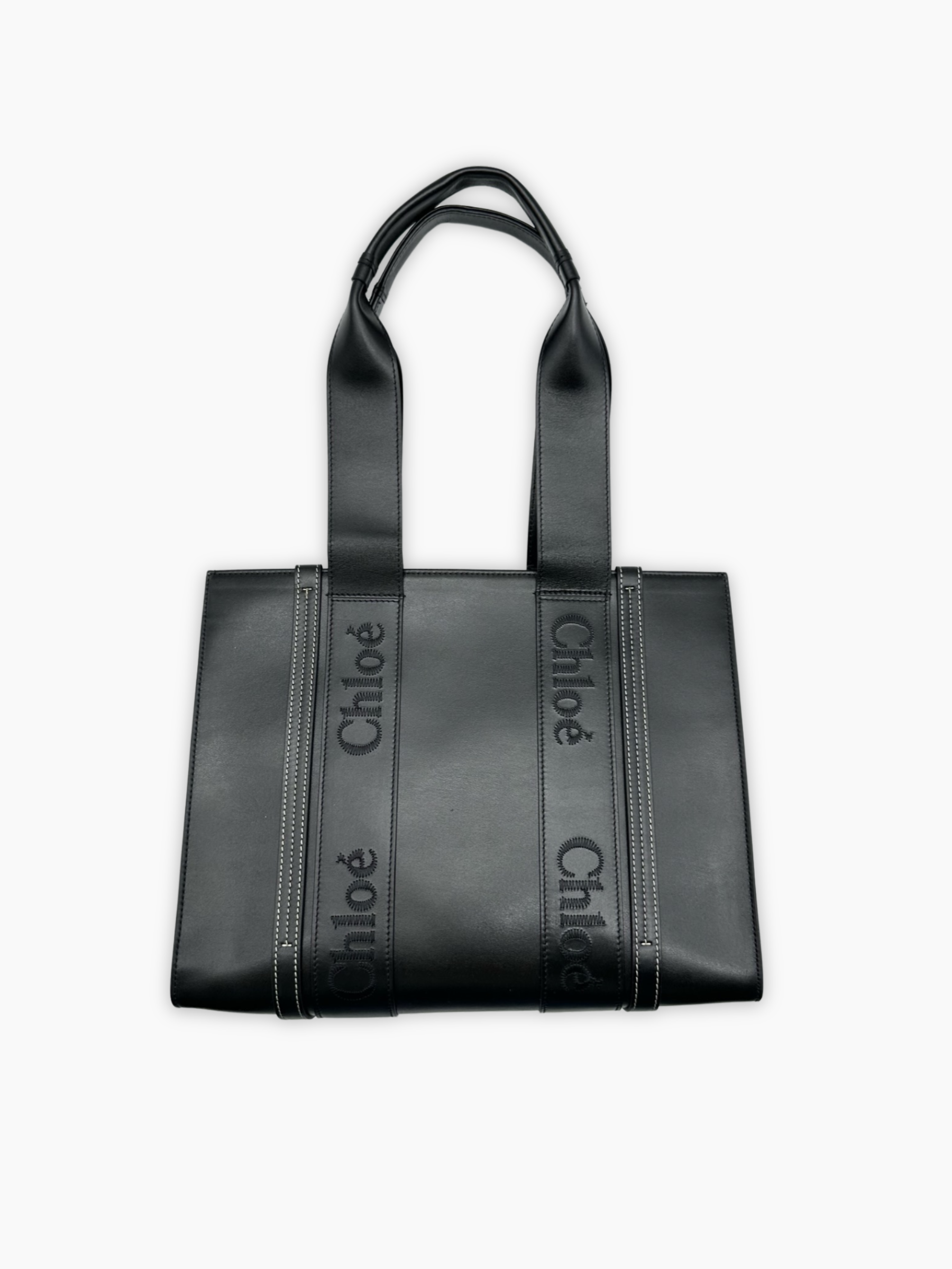 Borsa tote grande Chloé Woody in pelle nera vista frontale