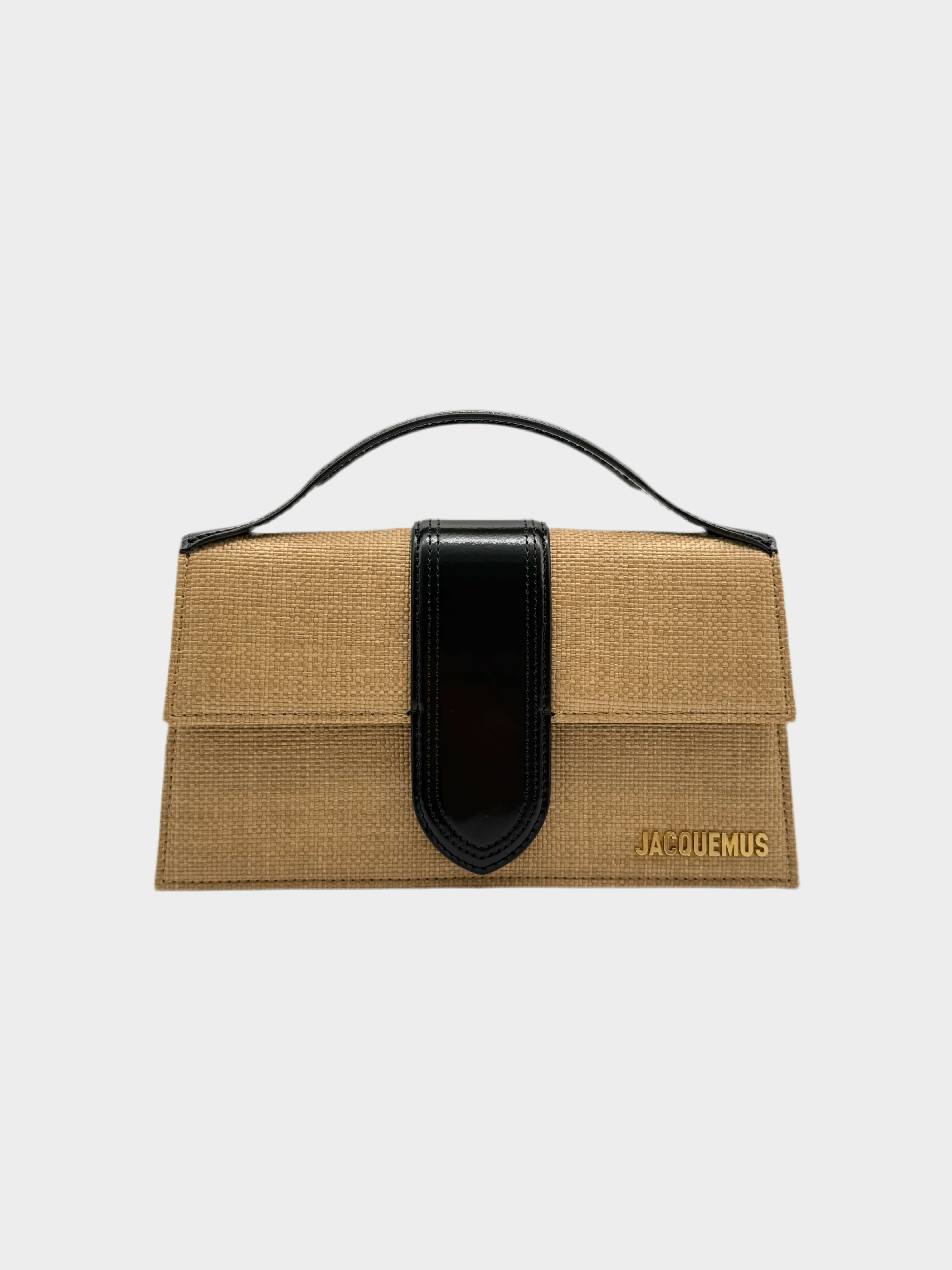 Borsa Jacquemus Le Grand Bambino in tela naturale beige e dettagli in pelle nera vista laterale