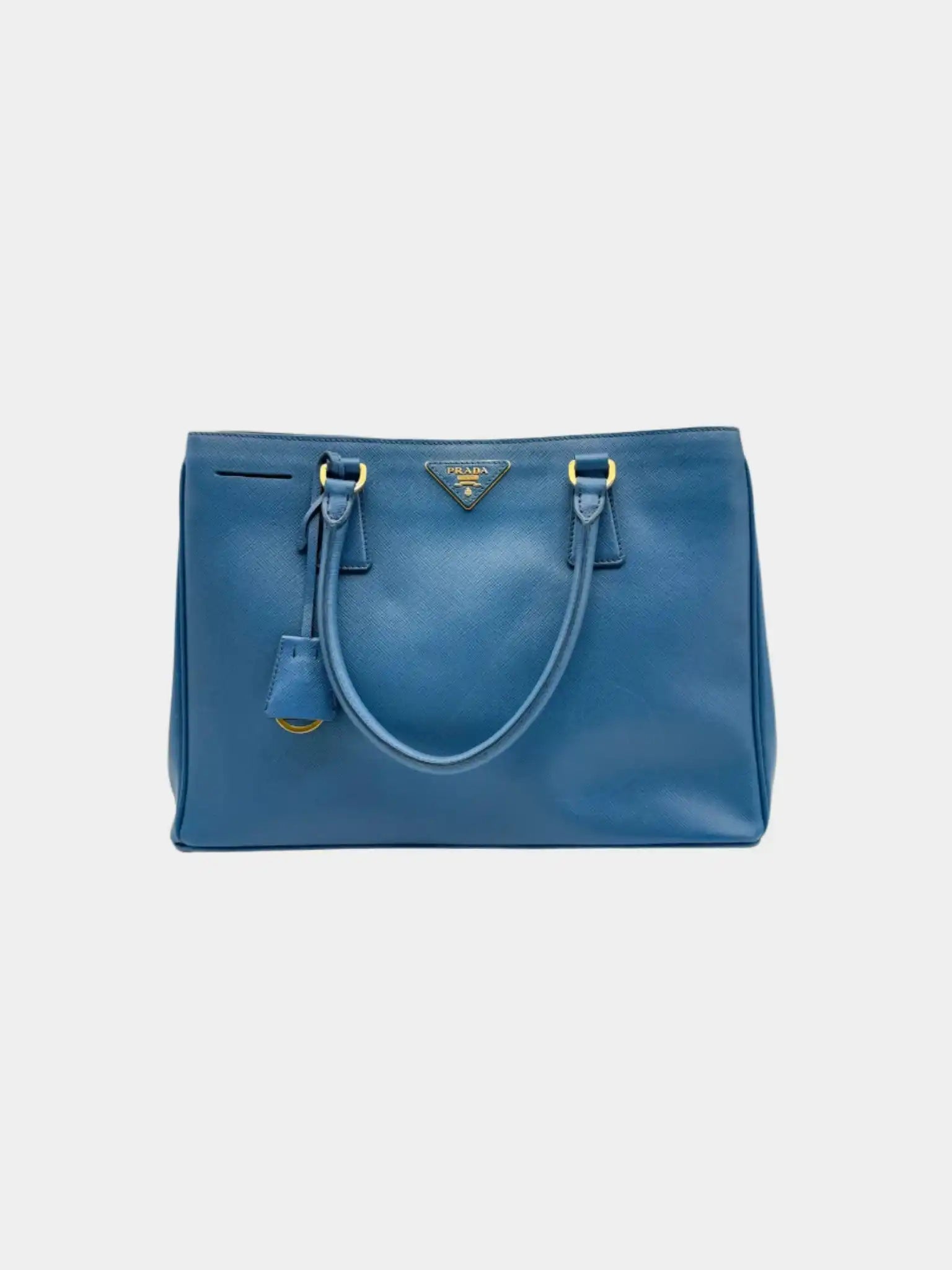 Borsa Prada Medium Saffiano Galleria Satchel azzurra vista frontale