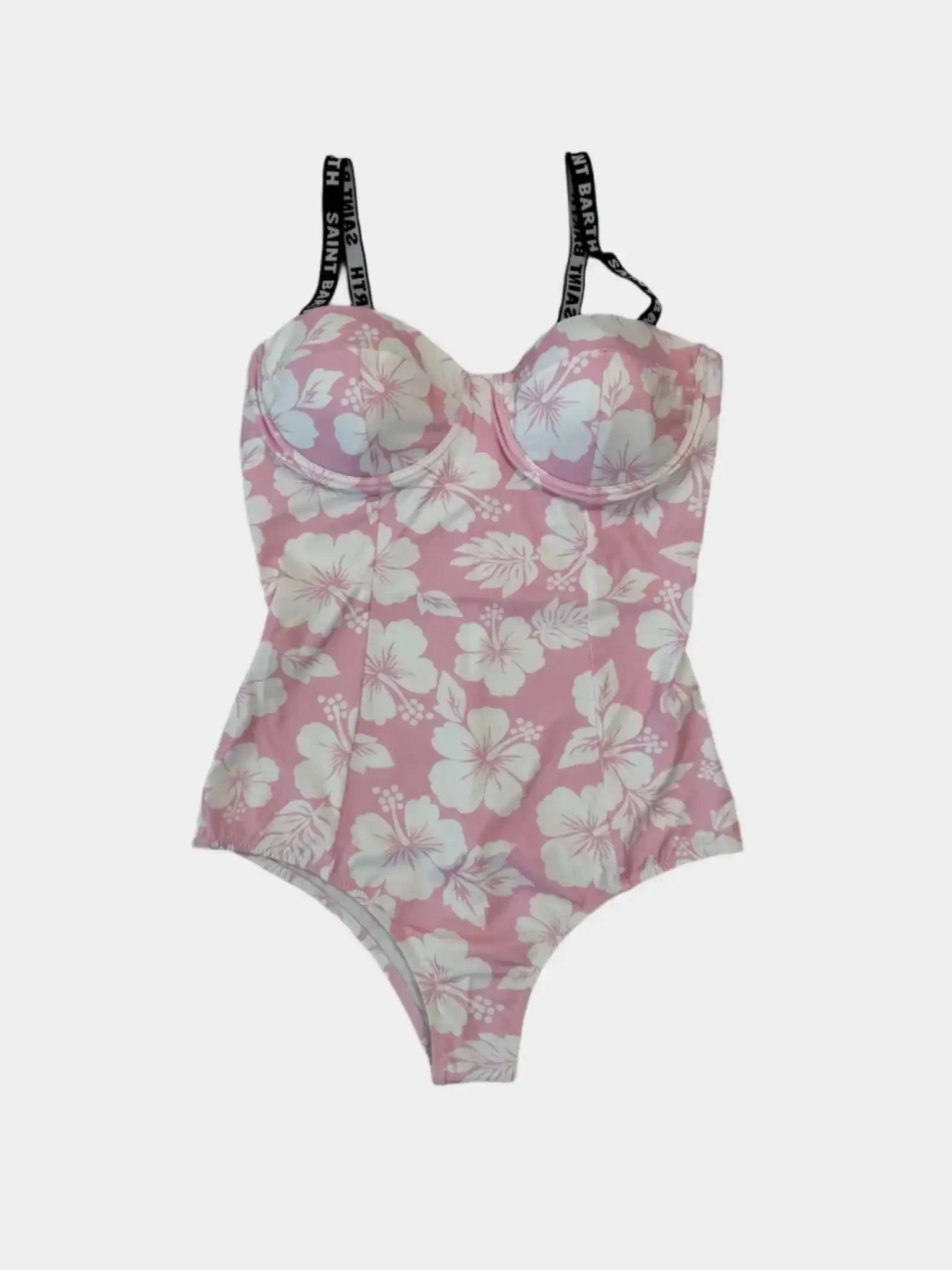 Costume intero rosa Brenda con fiori bianchi e spalline logo - fronte