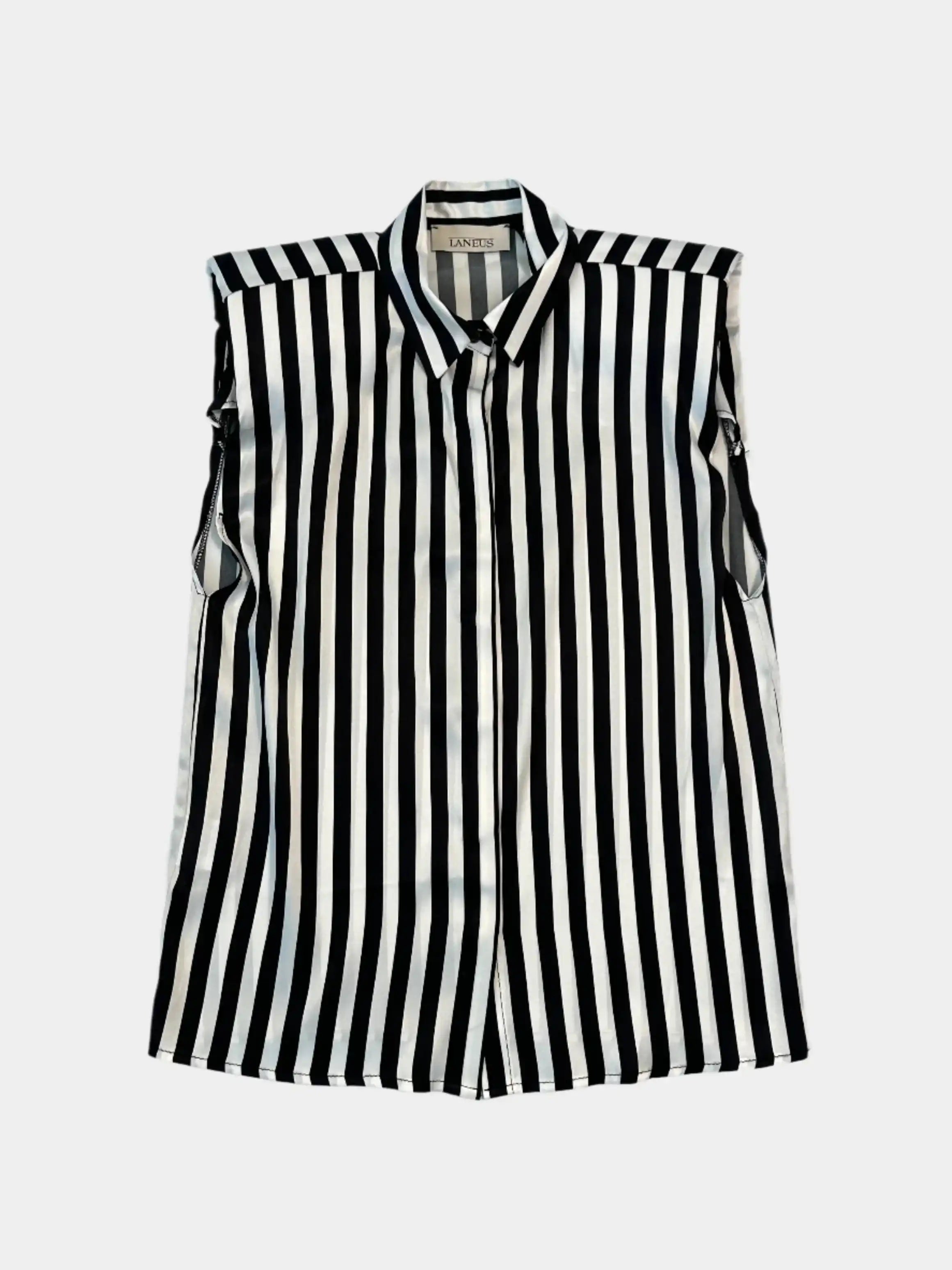 camicia spalle imbottite, camicia smanicata seta, camicia a righe donna, camicia elegante in seta, camicia strutturata