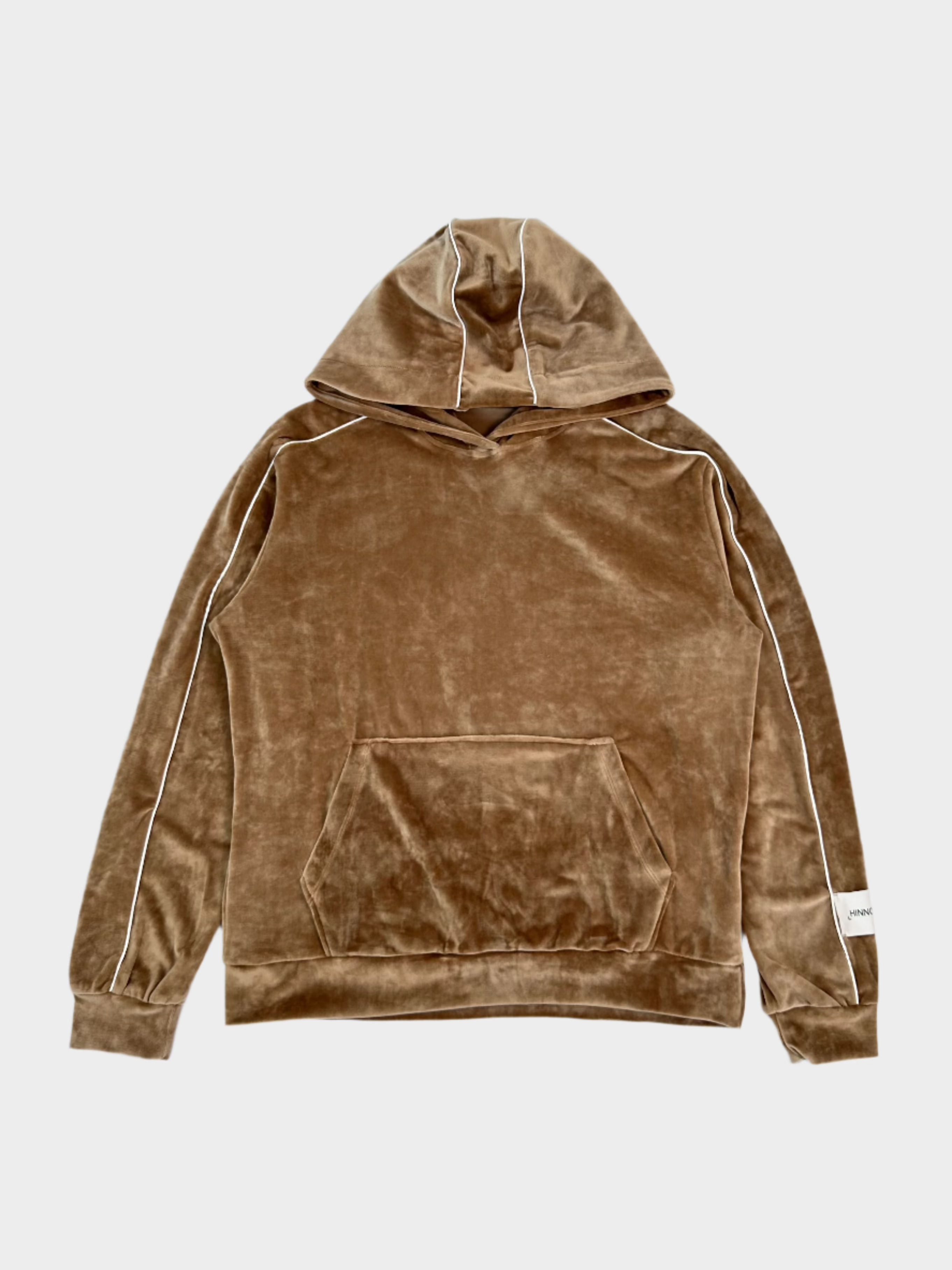 felpa ciniglia tortora, felpa cappuccio donna, felpa con piping, felpa logo manica, felpa casual elegante
