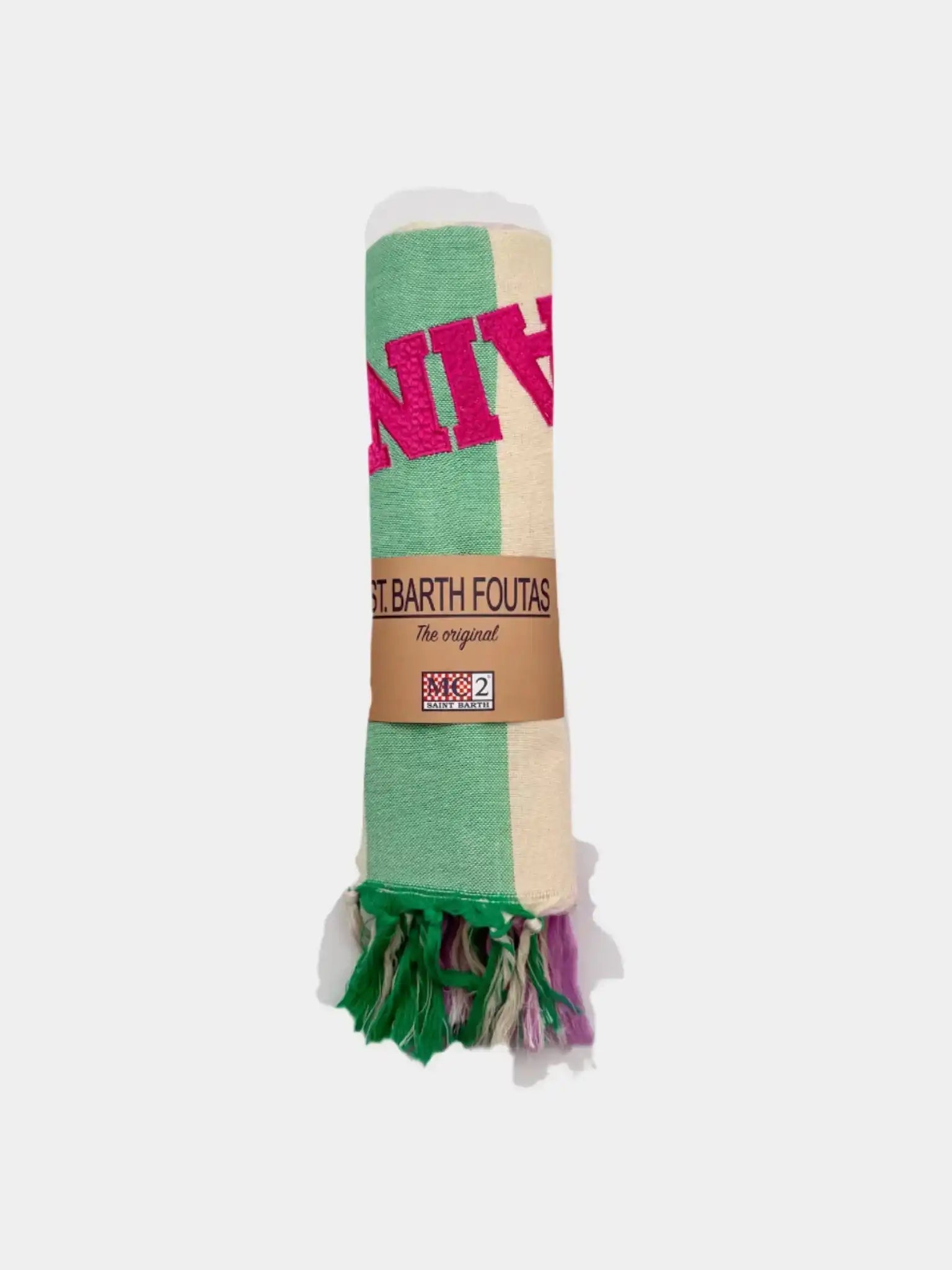 Foutas Saint Barth a righe verticali arrotolato con ricamo rosa