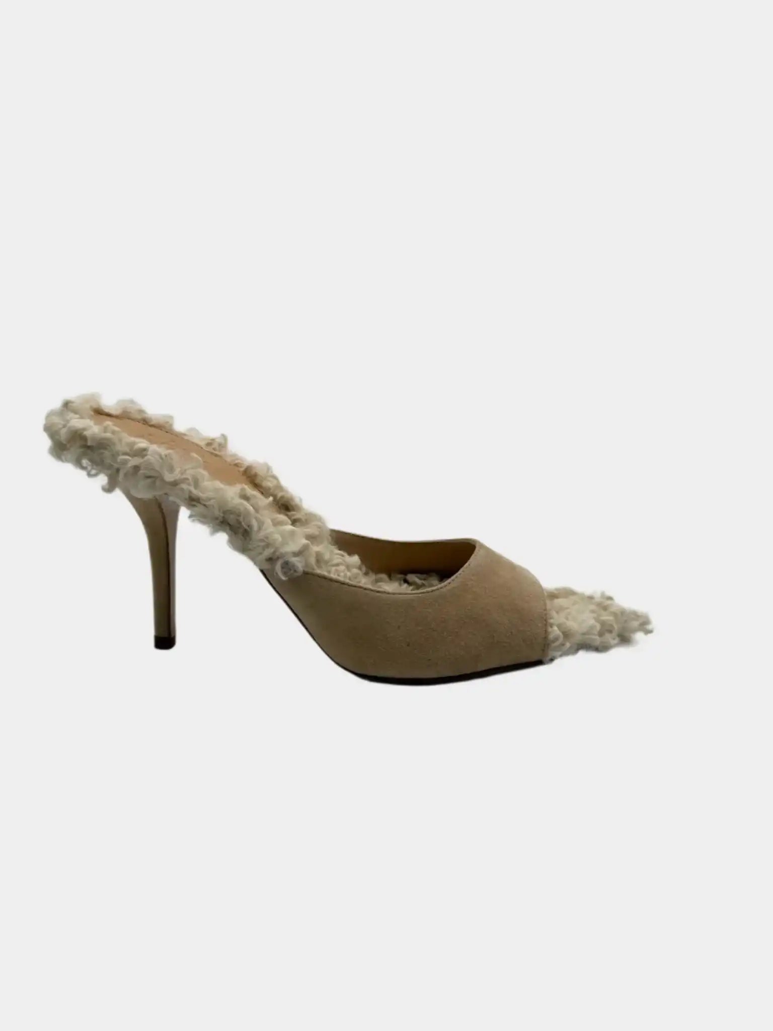 Mules Gia Borghini in suede beige con shearling e tacco sottile viste di lato