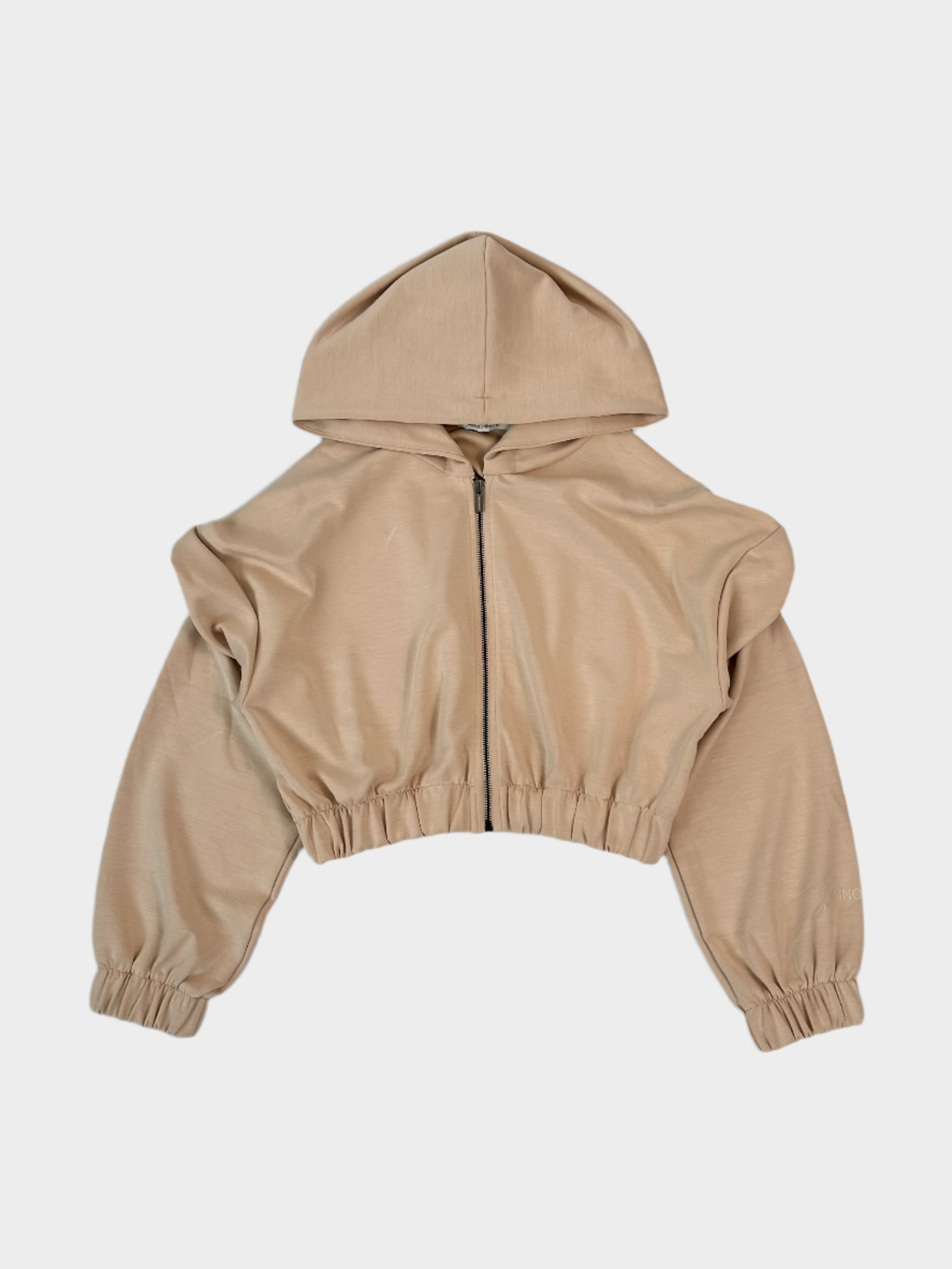 Vista frontale della felpa Hinnominate beige con cappuccio e zip