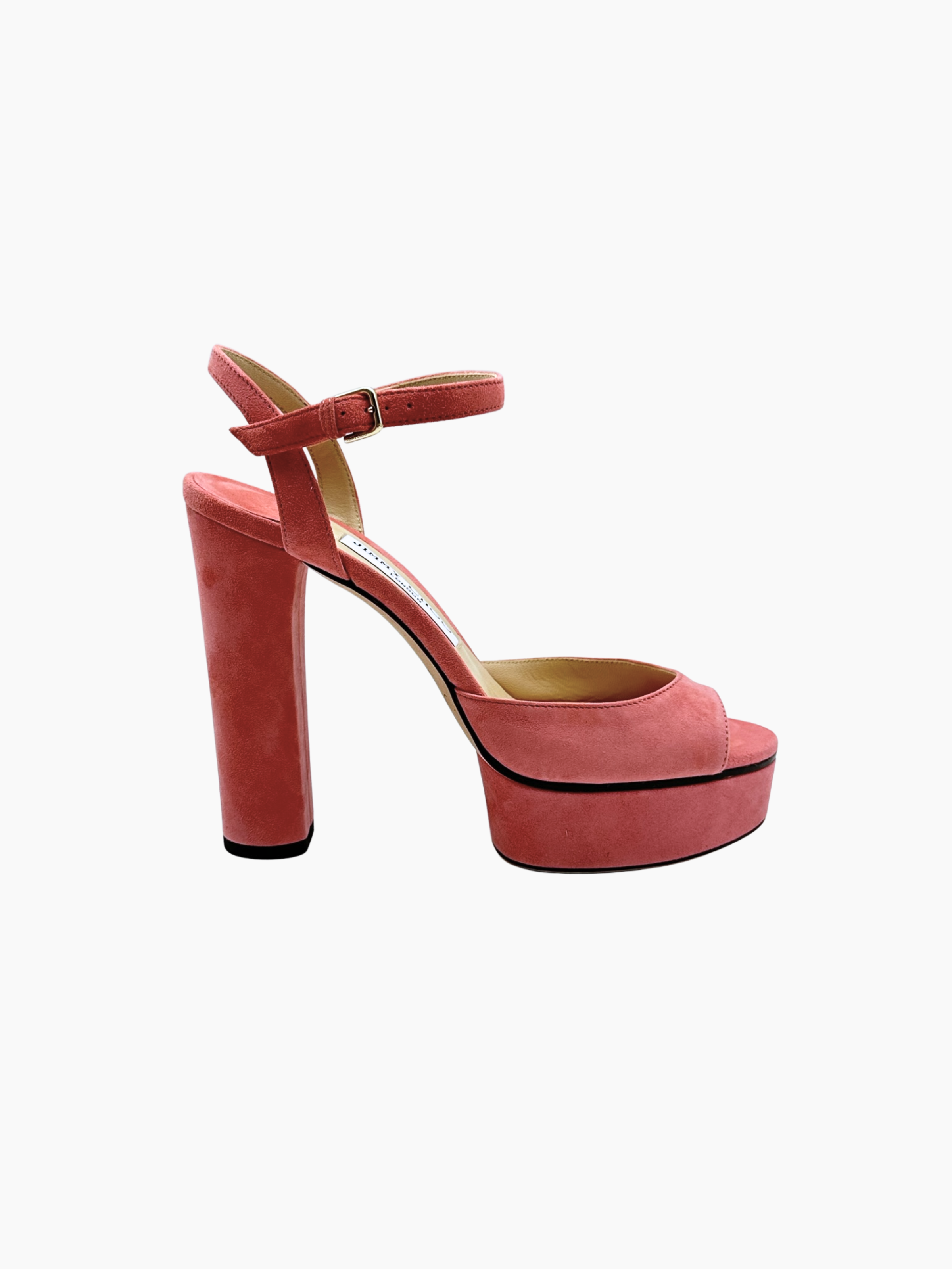 Sandali rosa Jimmy Choo in suede con plateau e tacco alto vista laterale