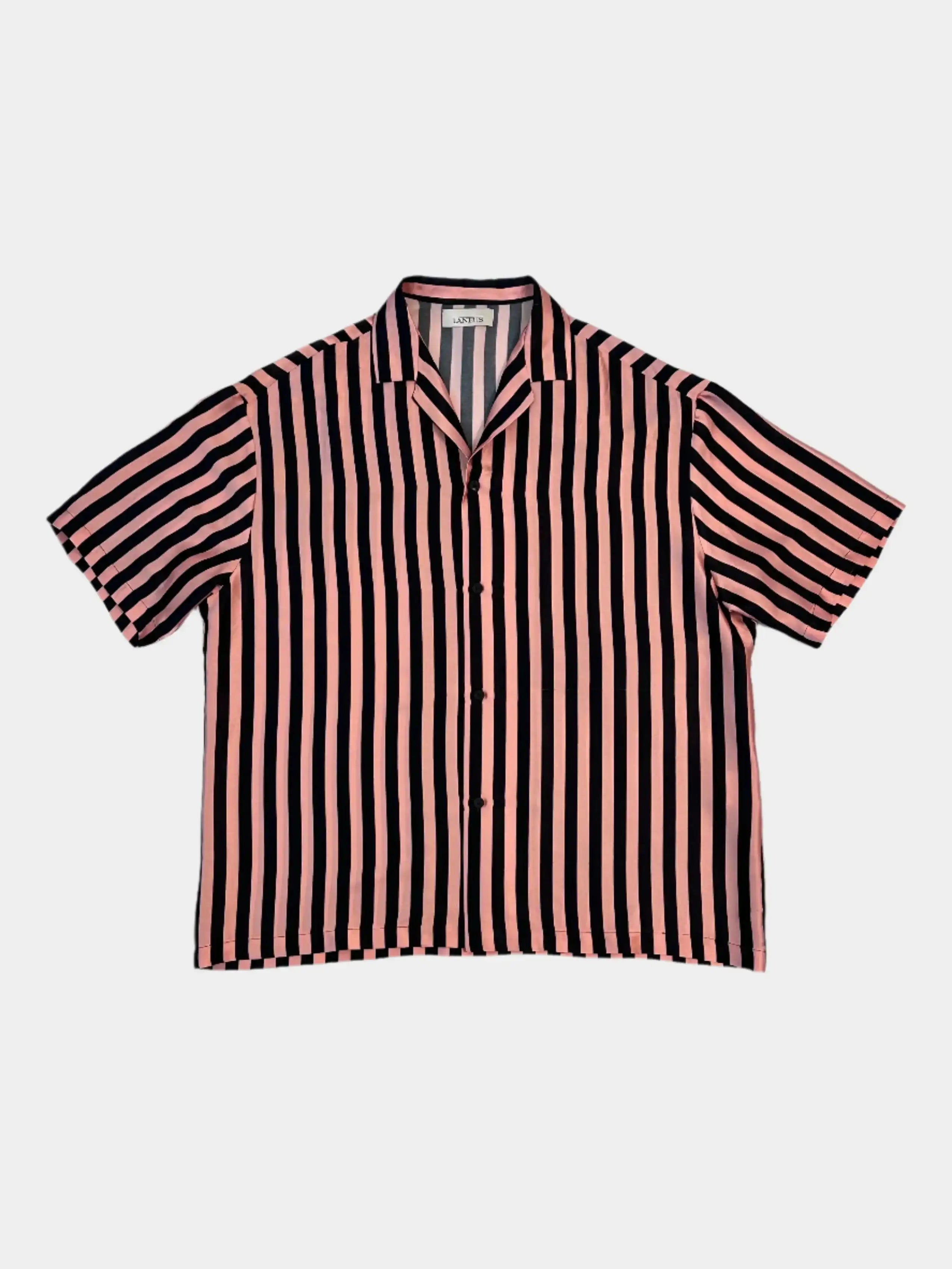 Laneus, camicia seta rosa nere, camicia righe verticali, camicia estiva, moda seta, camicia colletto aperto