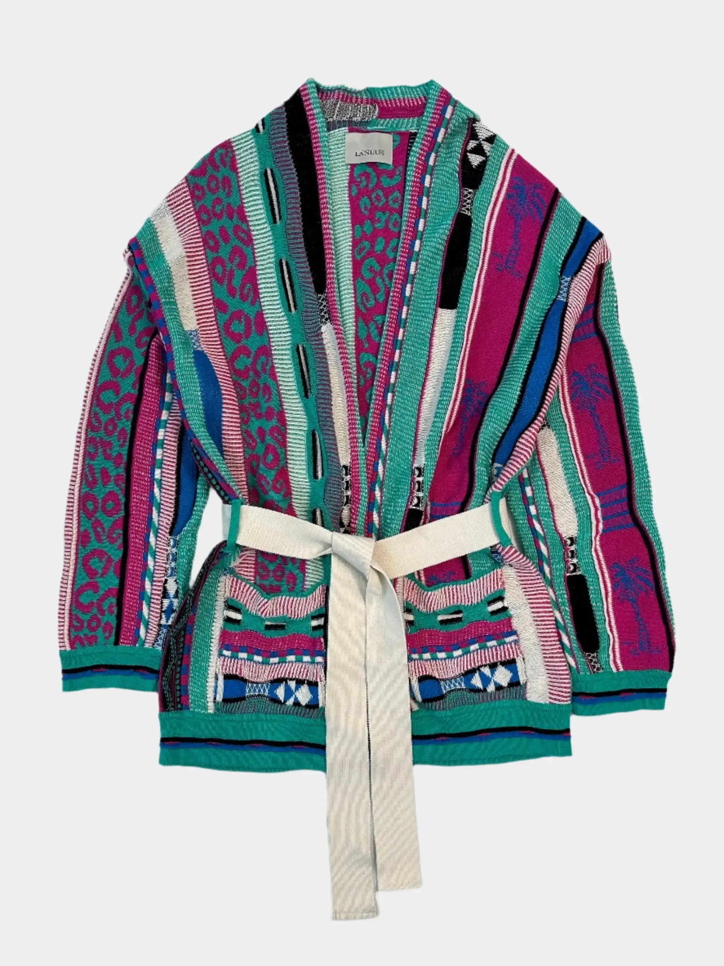 Laneus, cardigan multicolor, maglia fantasia, cardigan con cintura, moda colorata, cardigan cotone