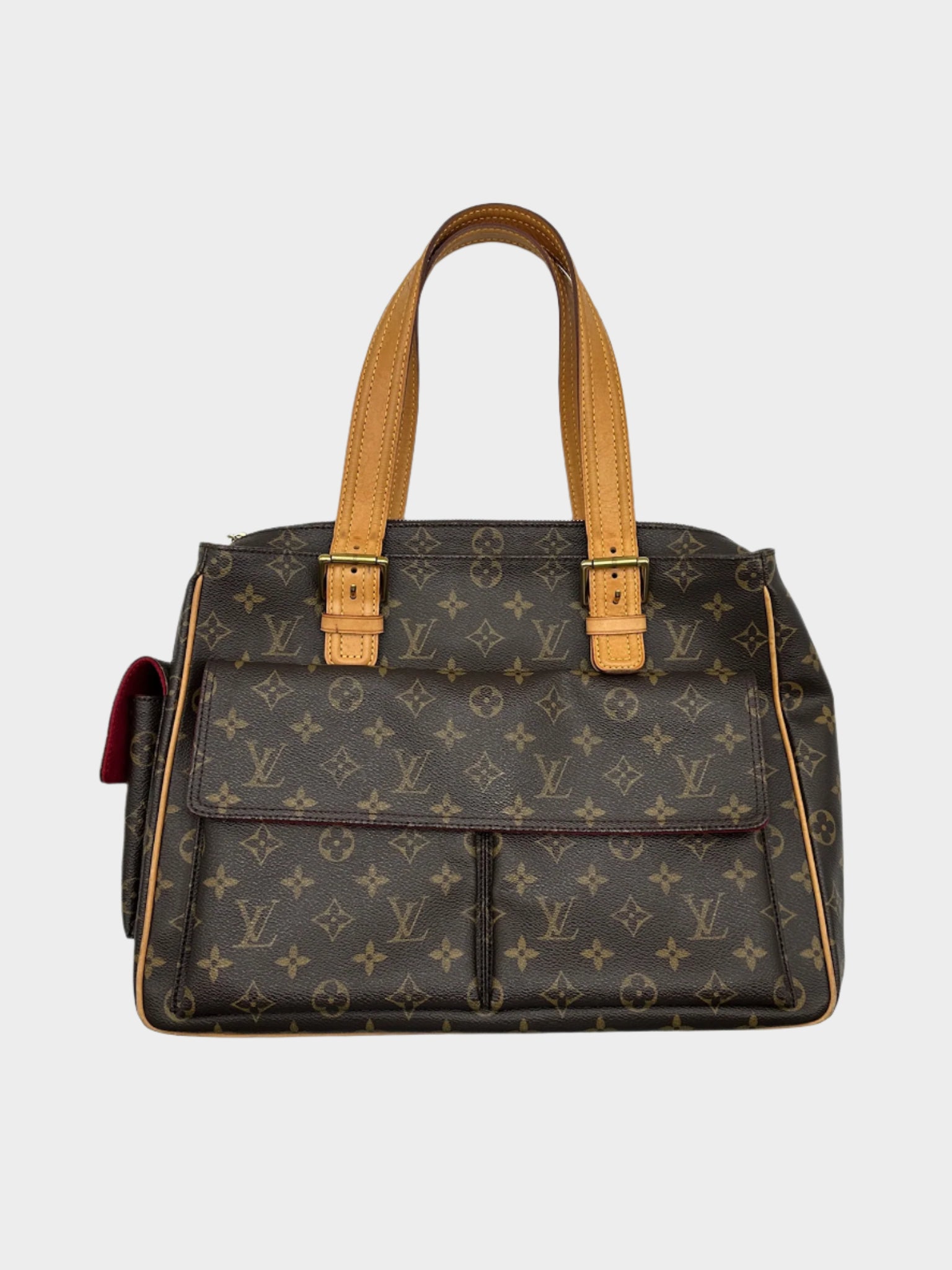 Vista frontale della borsa Louis Vuitton Monogram con tasche e manici in vacchetta