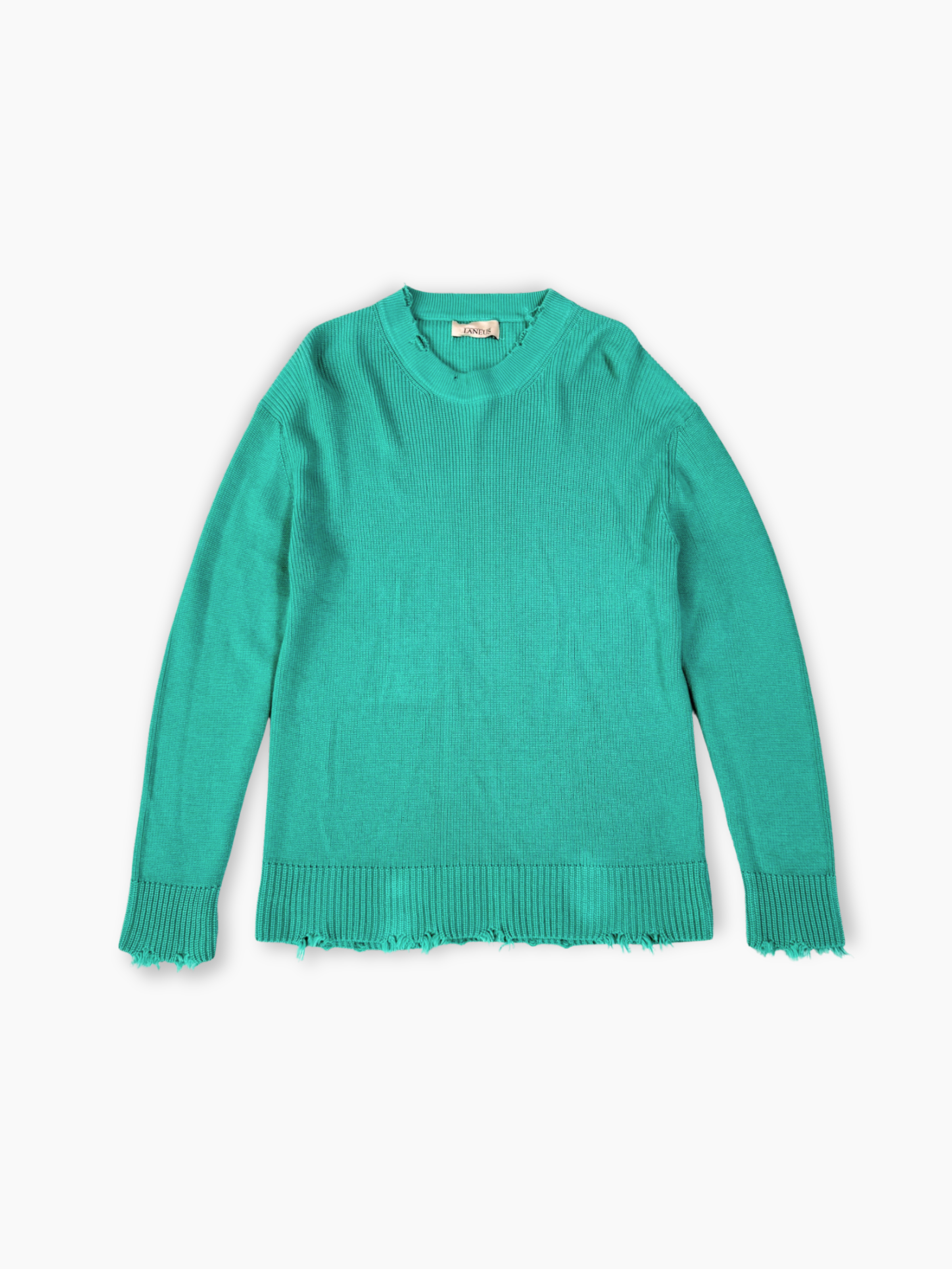Maglione turchese Laneus con orli sfilacciati vista frontale