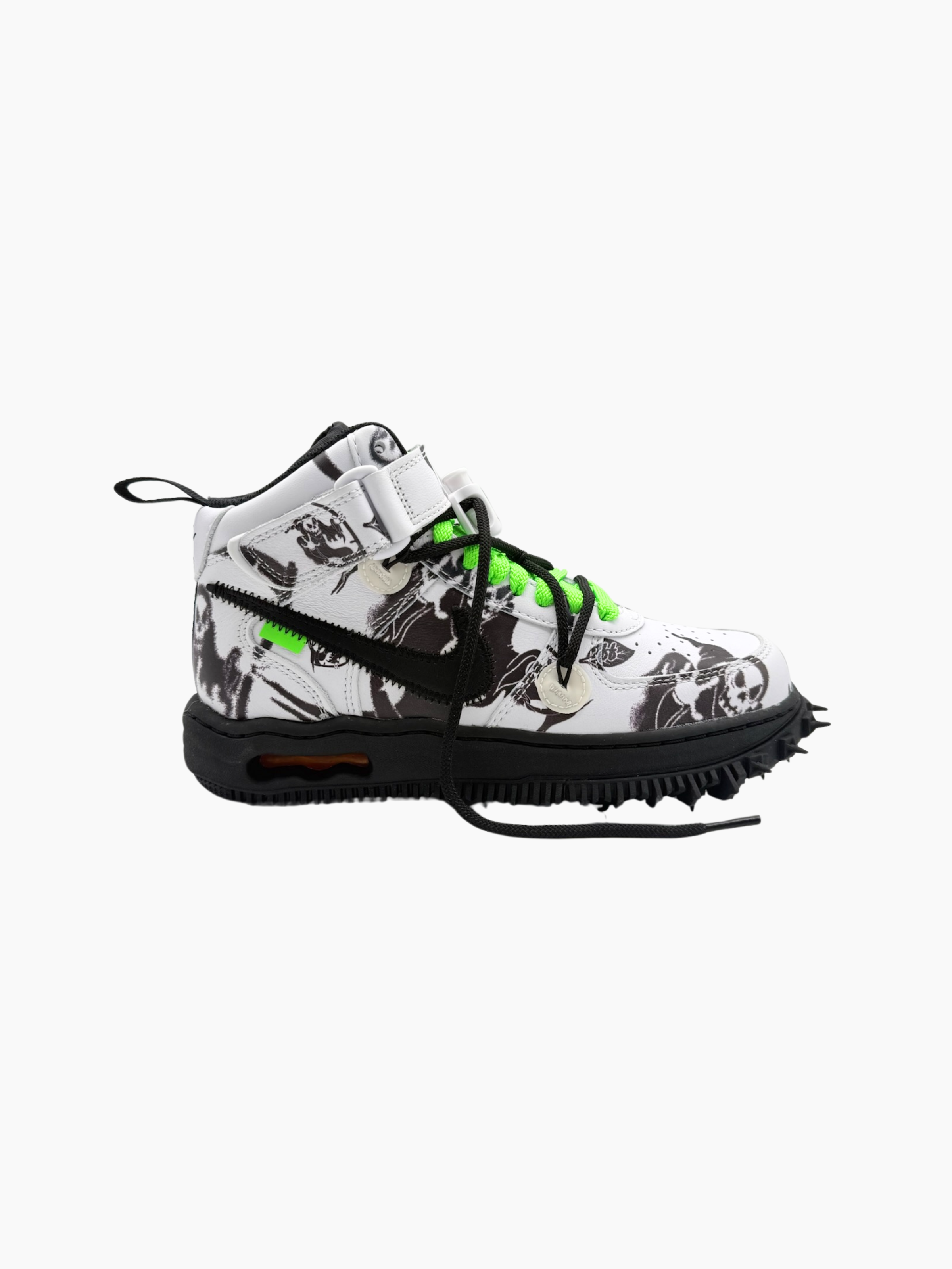 Sneakers alte Nike Air Force 1 Mid Off-White bianche e nere con stampa graffiti vista laterale