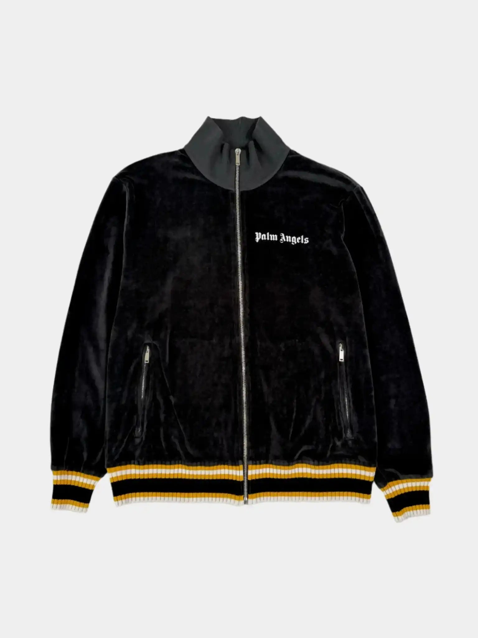 Palm Angels giacca velluto, giacca nera uomo, giacca streetwear Palm Angels, giacca con zip, giacca con righe gialle