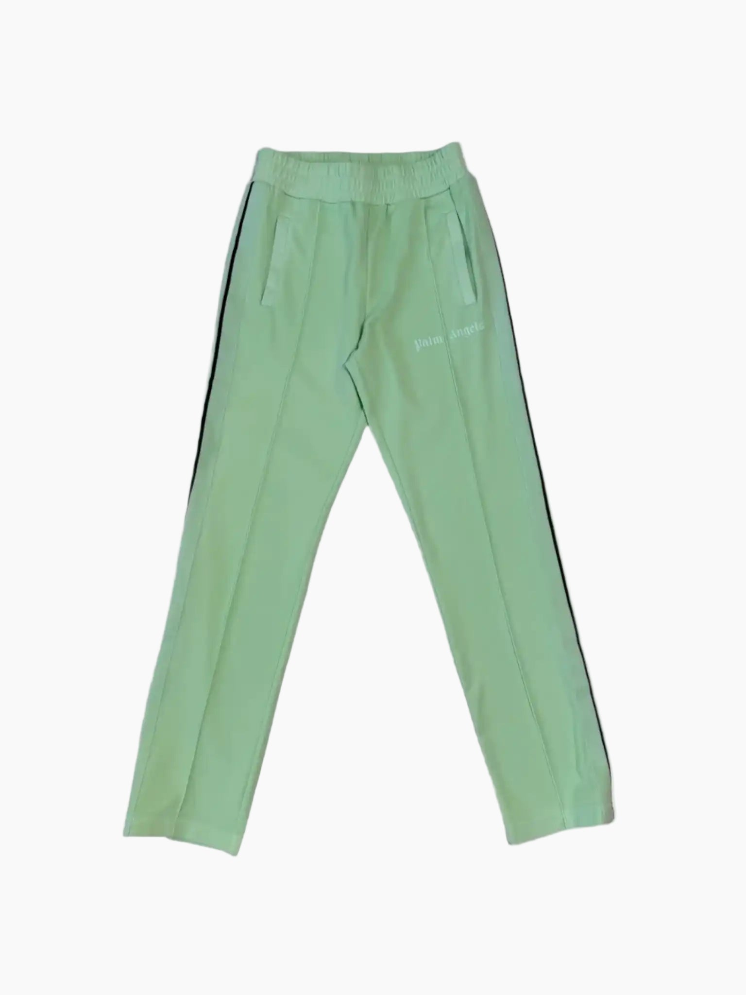 Vista frontale dei pantaloni Palm Angels verde fluo con bande nere