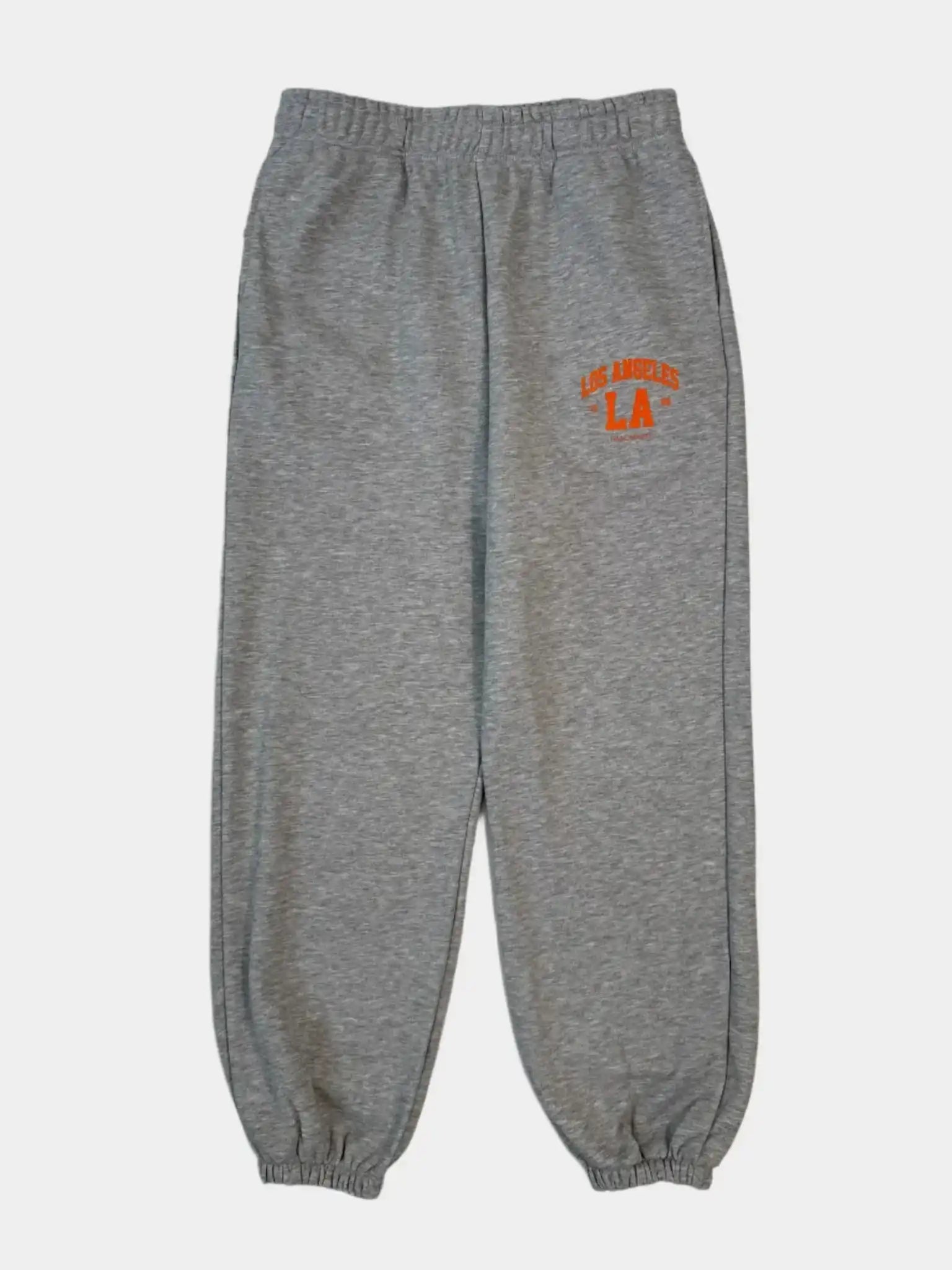 Pantalone in felpa over grigio melange con elastico al fondo e stampa Los Angeles LA visto dal davanti