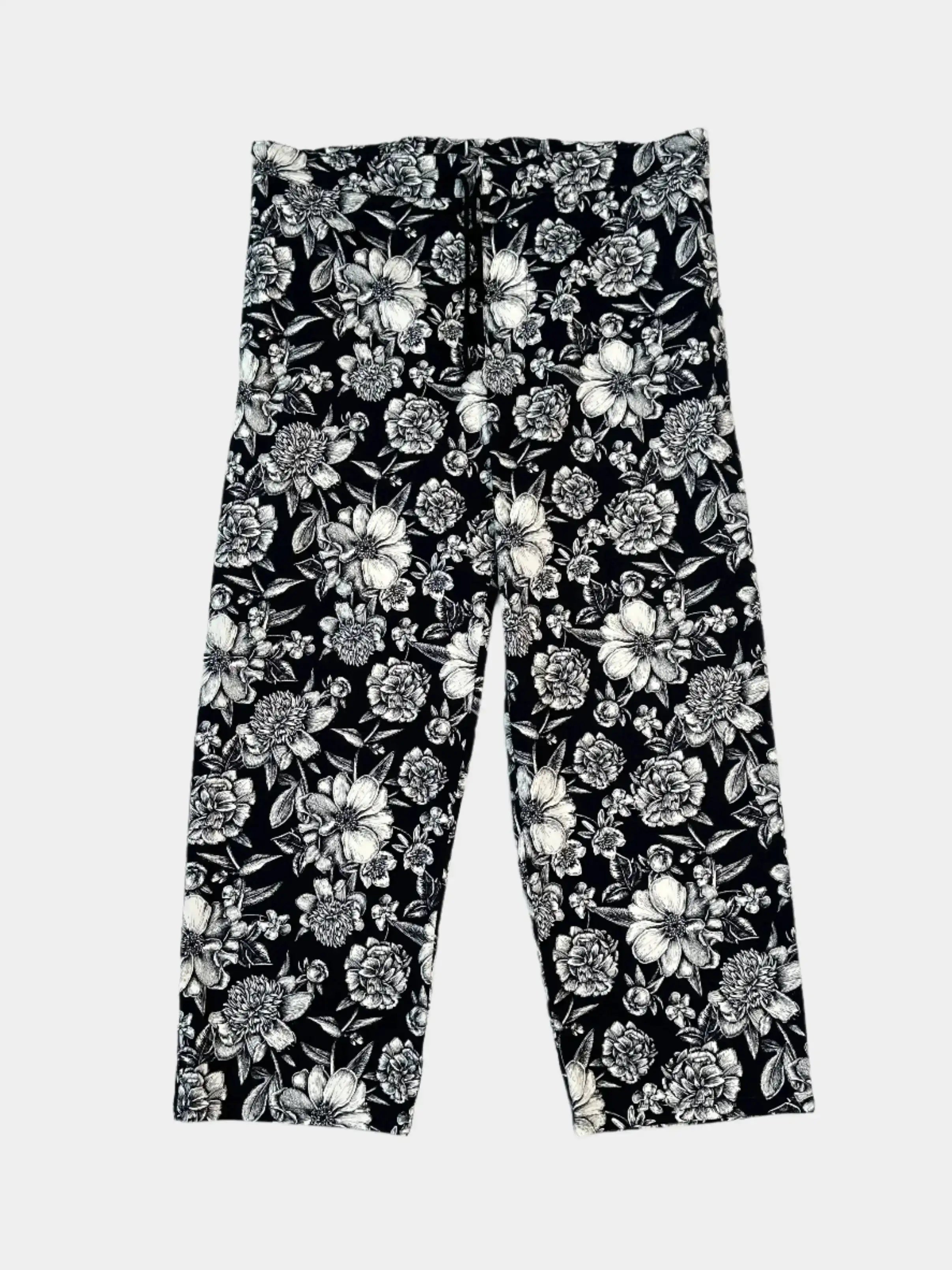 pantaloni floreali, pantaloni bianchi e neri, pantaloni cotone elastico, pantaloni stampa floreale, pantaloni casual eleganti