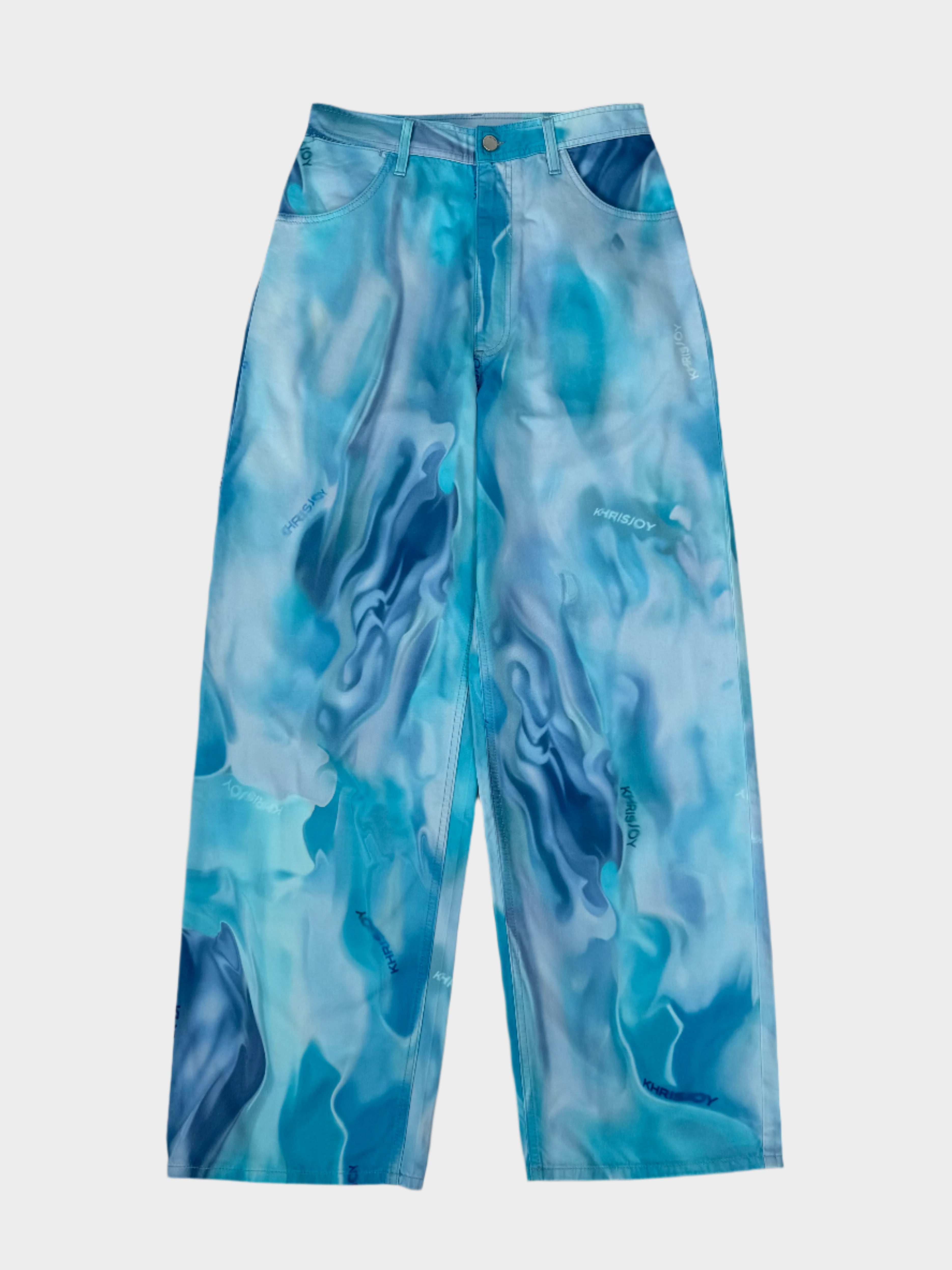 pantaloni azzurri donna, pantaloni Khrisjoy, stampa acqua, pantaloni cinque tasche, pantaloni larghi cotone elastan