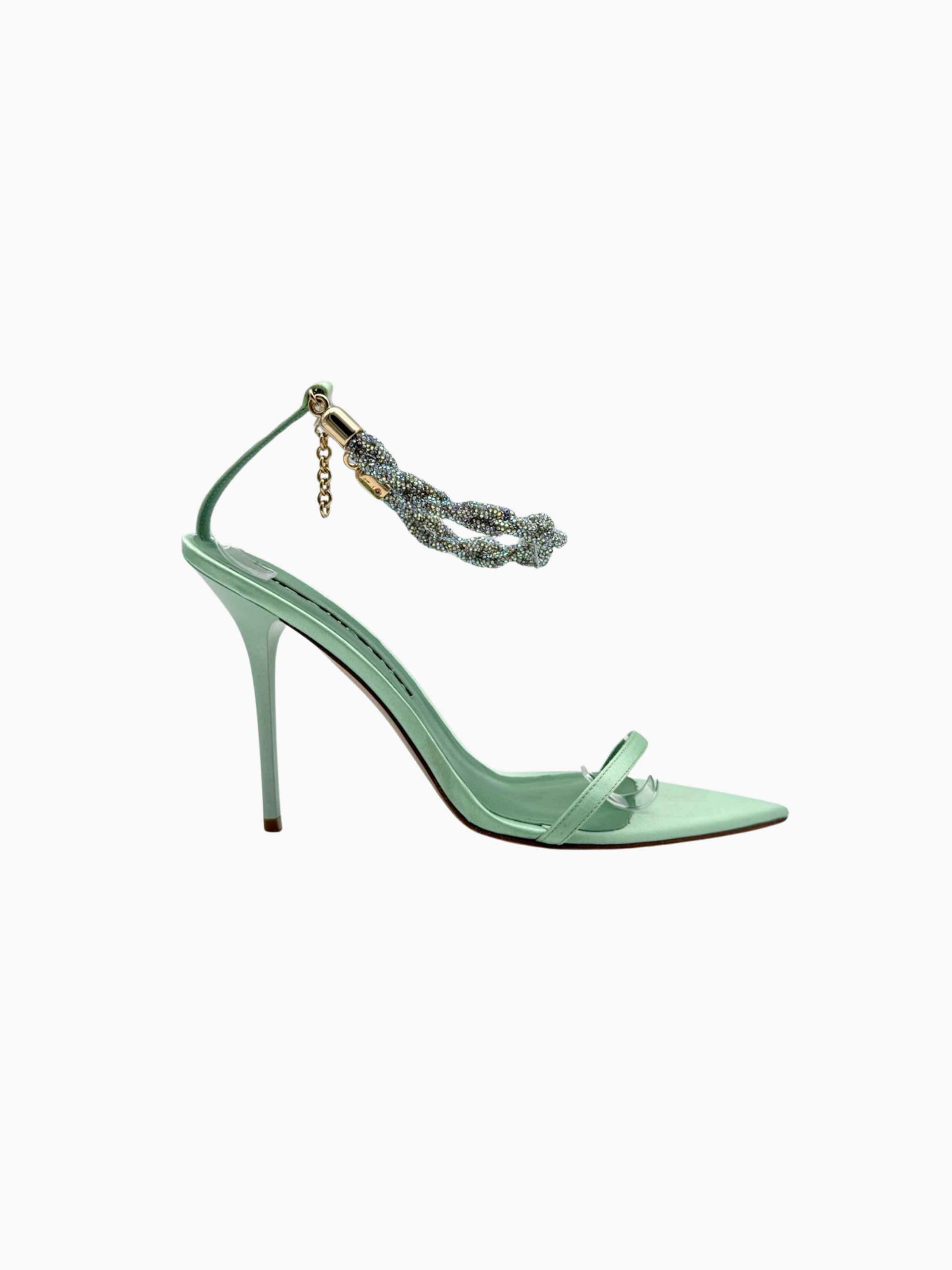 Sandali Hibourama modello Sandra in raso verde chiaro con cavigliera gioiello vista laterale