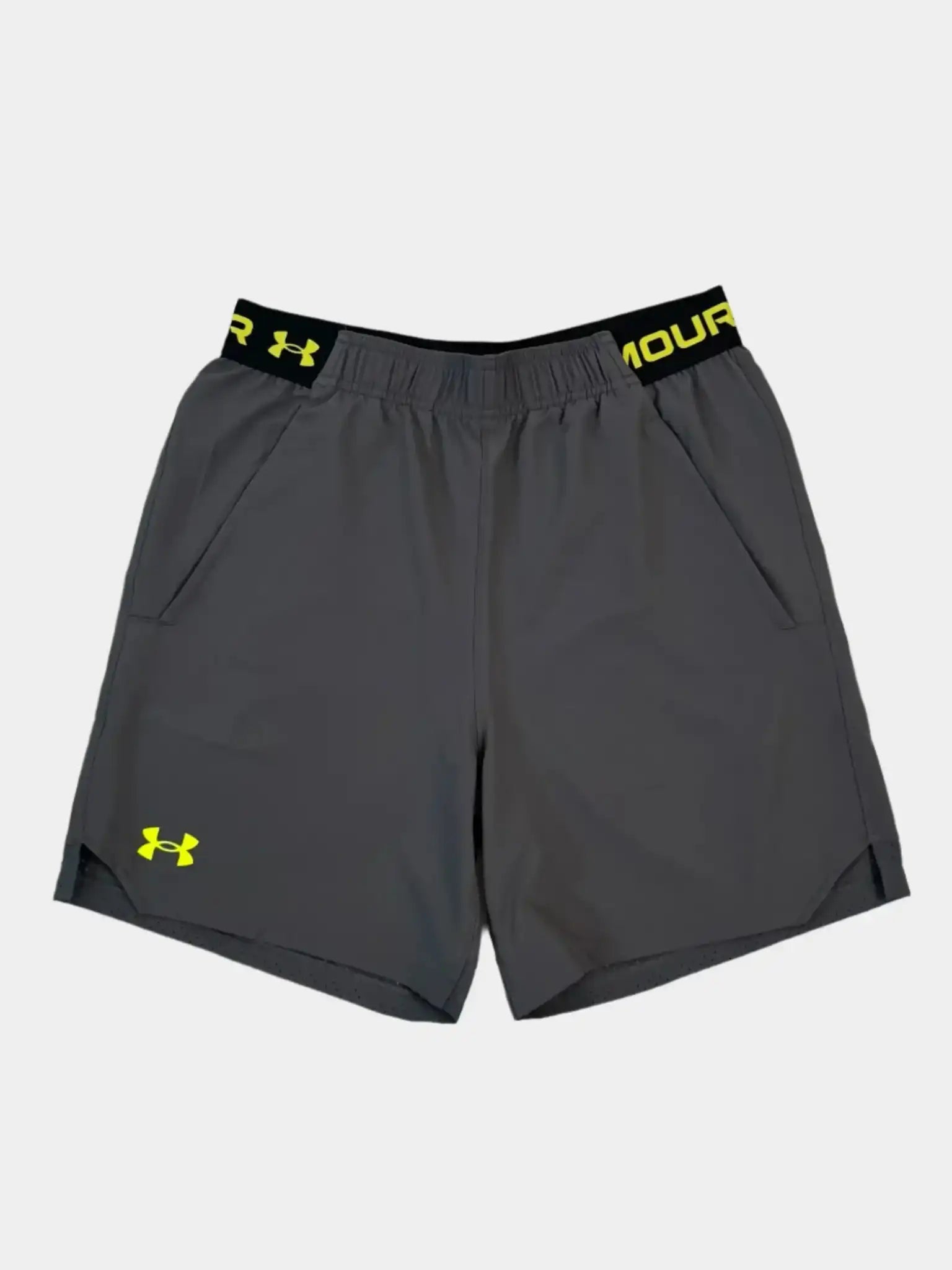 Shorts tecnici Under Armour Vanish Woven 6in grigi con dettagli giallo fluo vista frontale