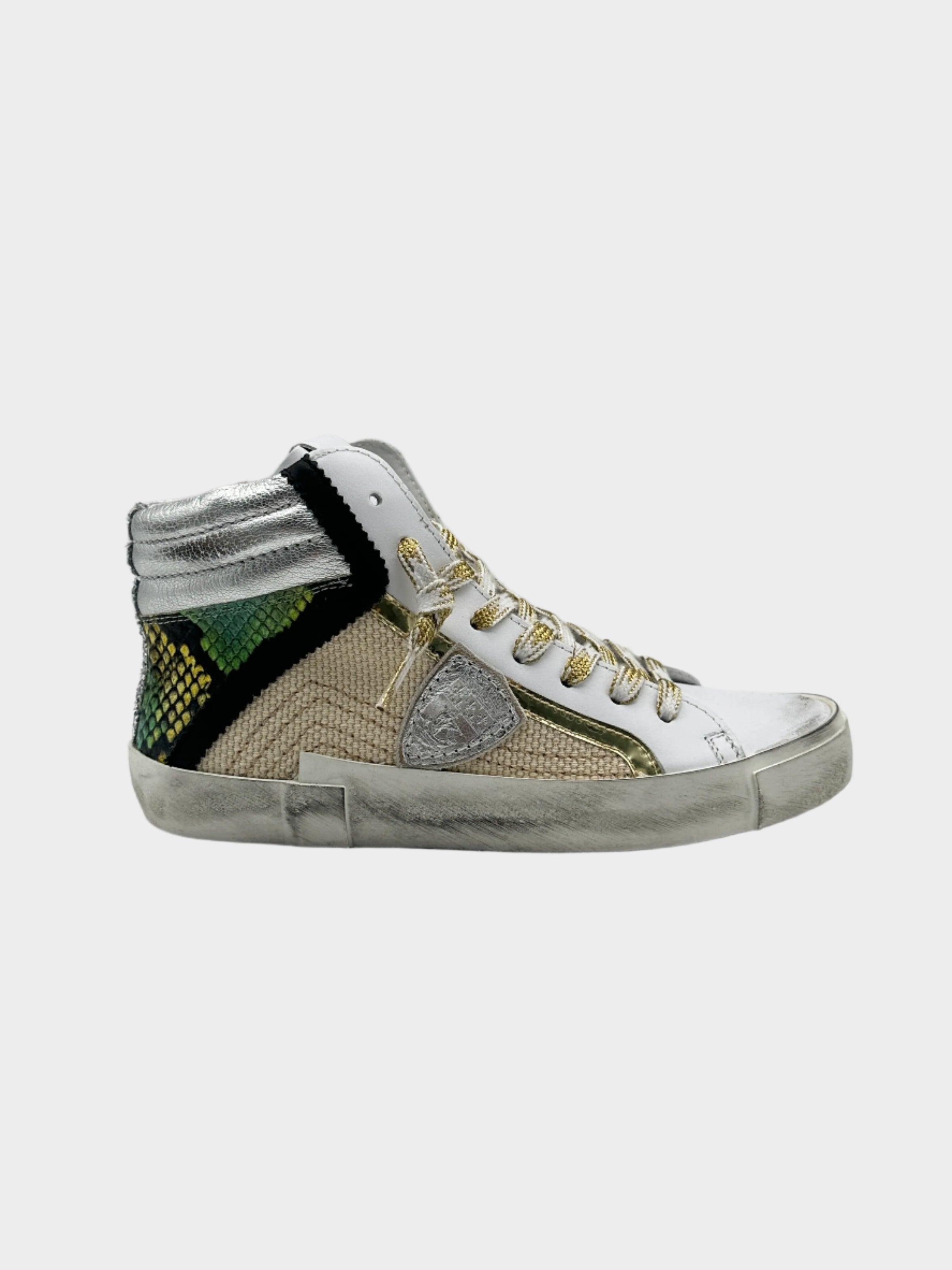 sneakers alte beige verde, sneakers animalier donna, prsx high w philippe model, scarpe alte moda donna, sneakers made in Italy