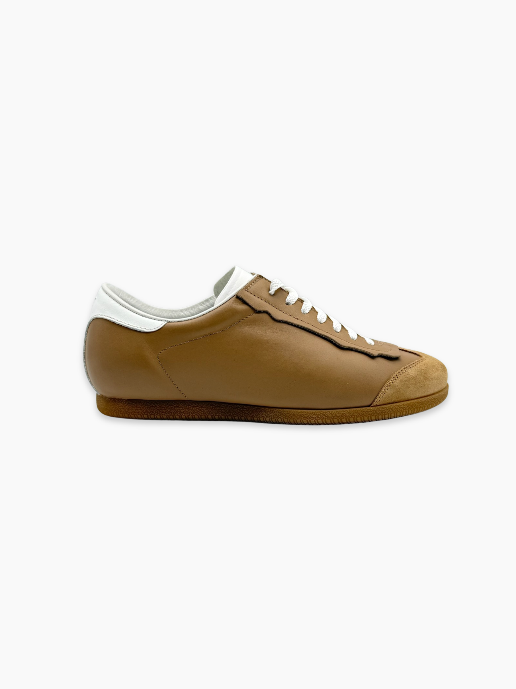 Sneakers Maison Margiela Replica beige in pelle e suede con suola caramello vista laterale