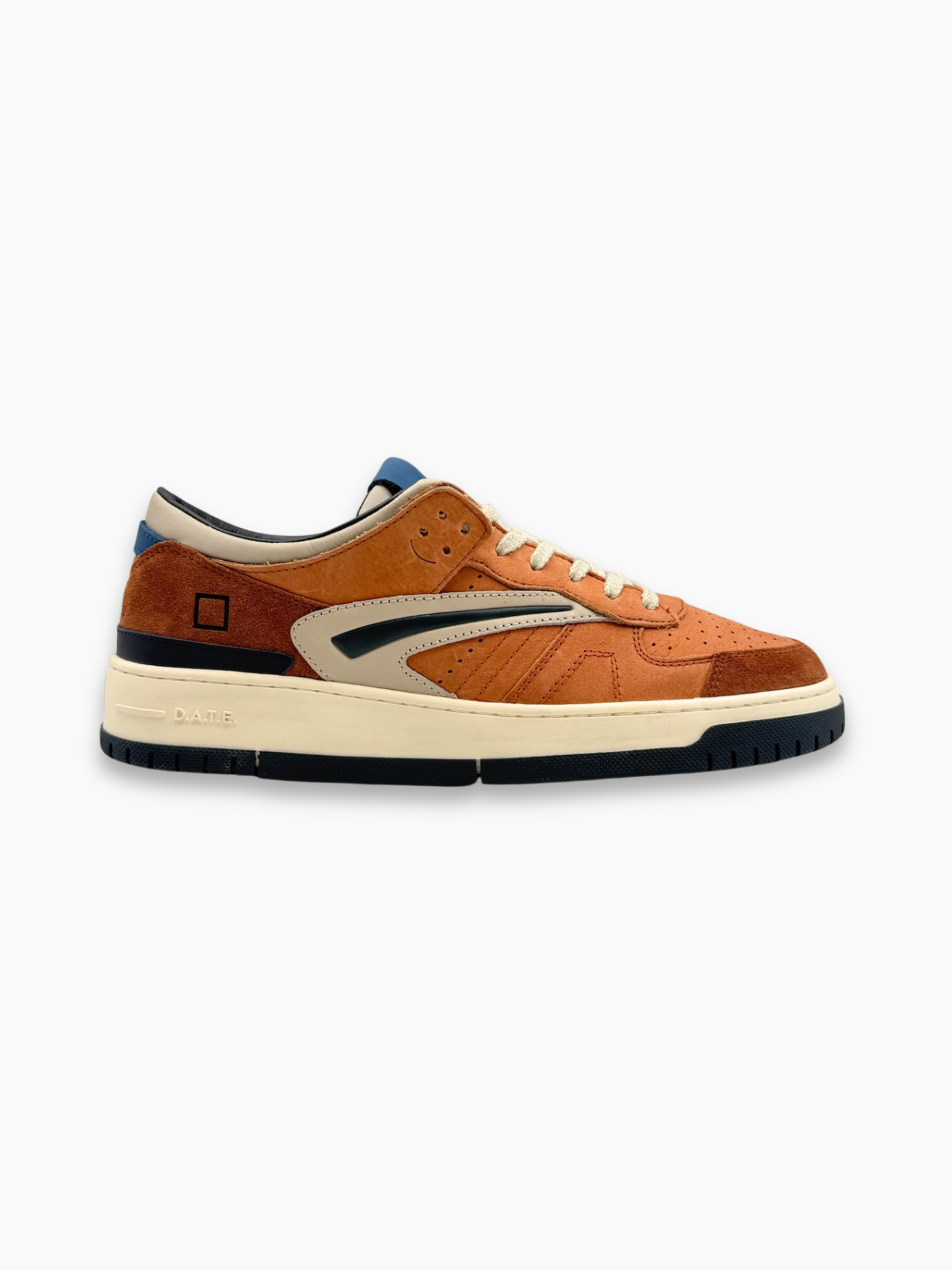 Sneakers basse marroni e blu in pelle e suede D.A.T.E. vista laterale