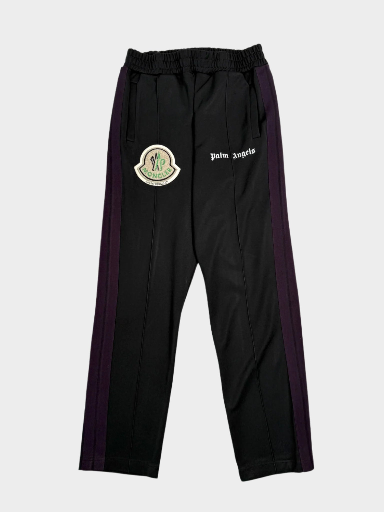 track pants moncler palm angels, pantaloni neri palm angels, moncler palm angels collaboration, pantaloni con bande laterali, qlhype