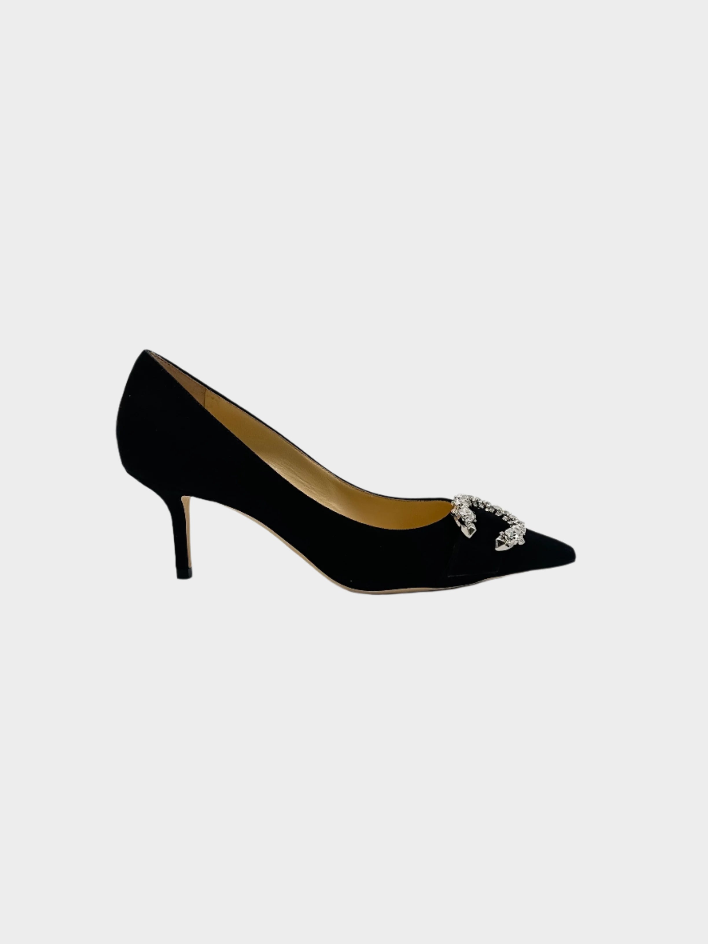 Velvet Crystals Pumps in velluto con punta affusolata, buckle con cristalli e tacco a stiletto da 6 cm.